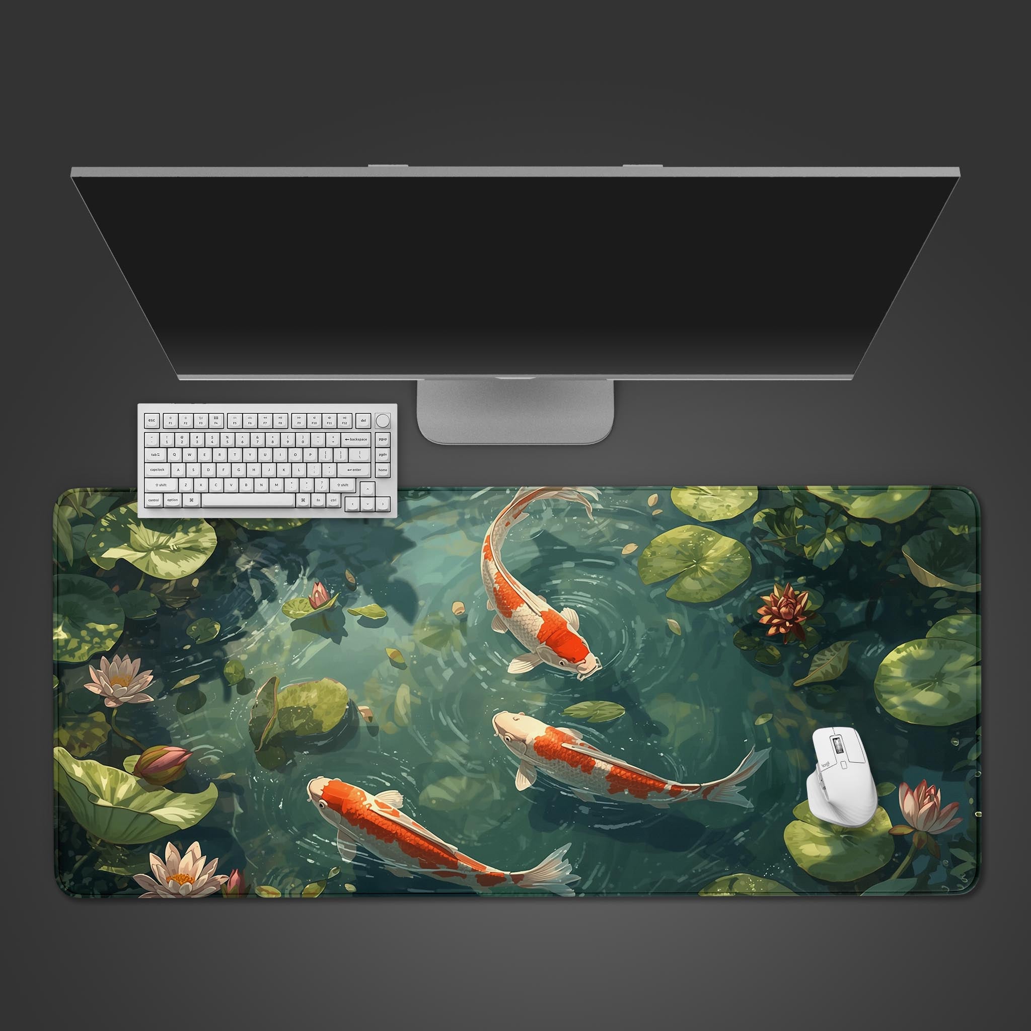 Koi Serenity desk mat with Japanese koi pond design – top-down desktop view with a white keyboard and mouse. - Epic Design Pads