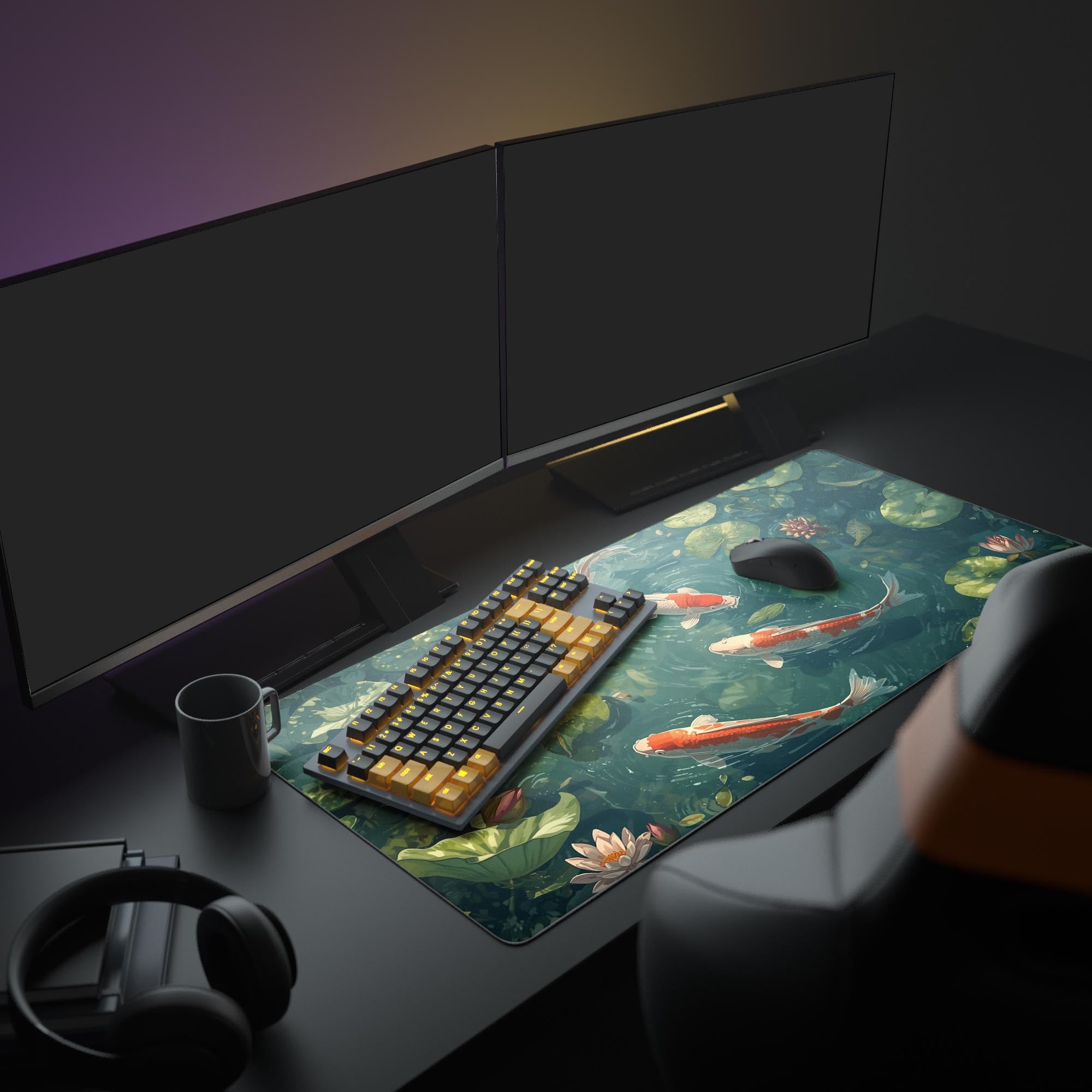 Large Koi Serenity desk mat with lotus flowers – shown in a cozy office setup with dual monitors and headphones. - Epic Design Pads