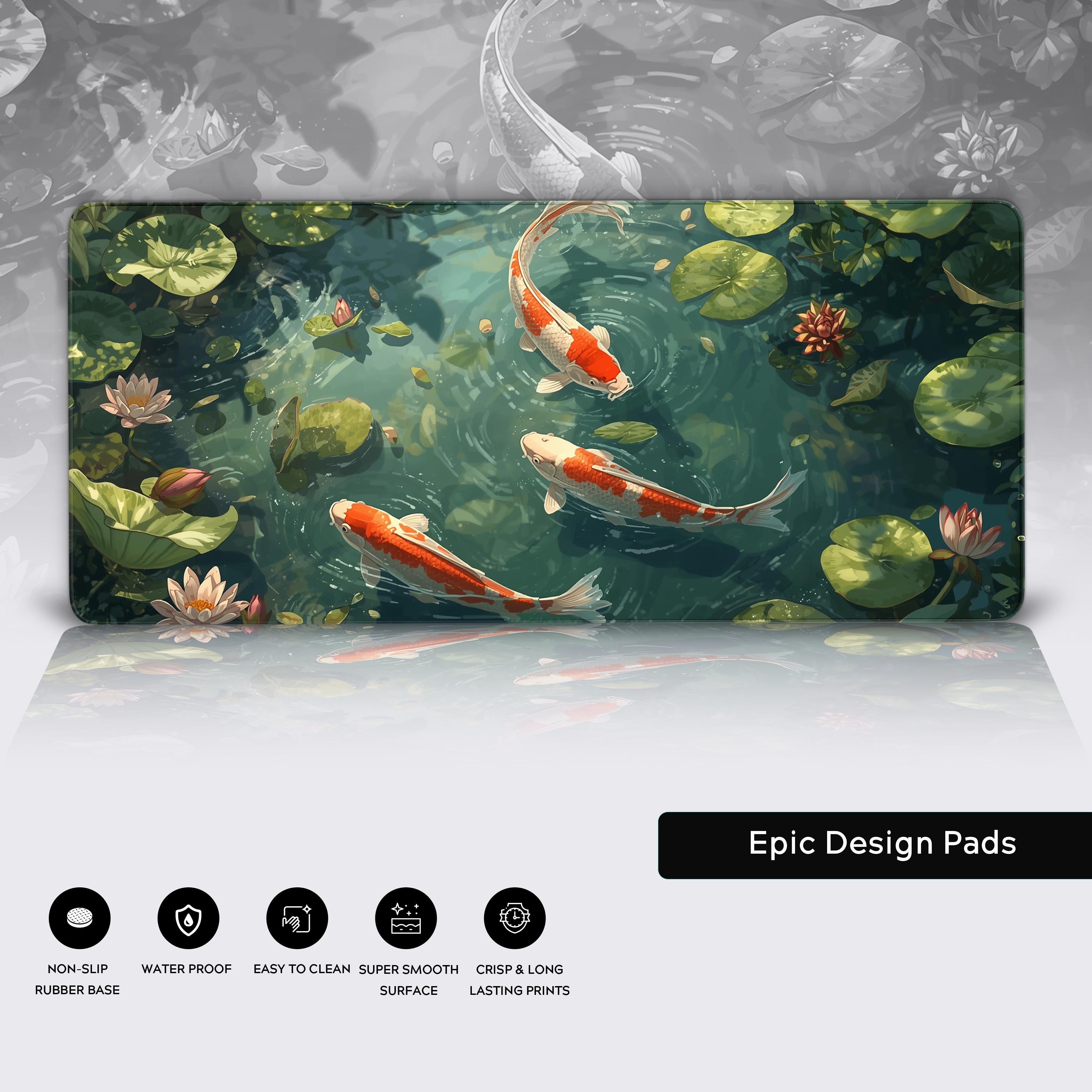 Koi Serenity desk mat with vibrant orange koi fish – close-up showcasing the durable stitched edges and non-slip rubber base. - Epic Design Pads