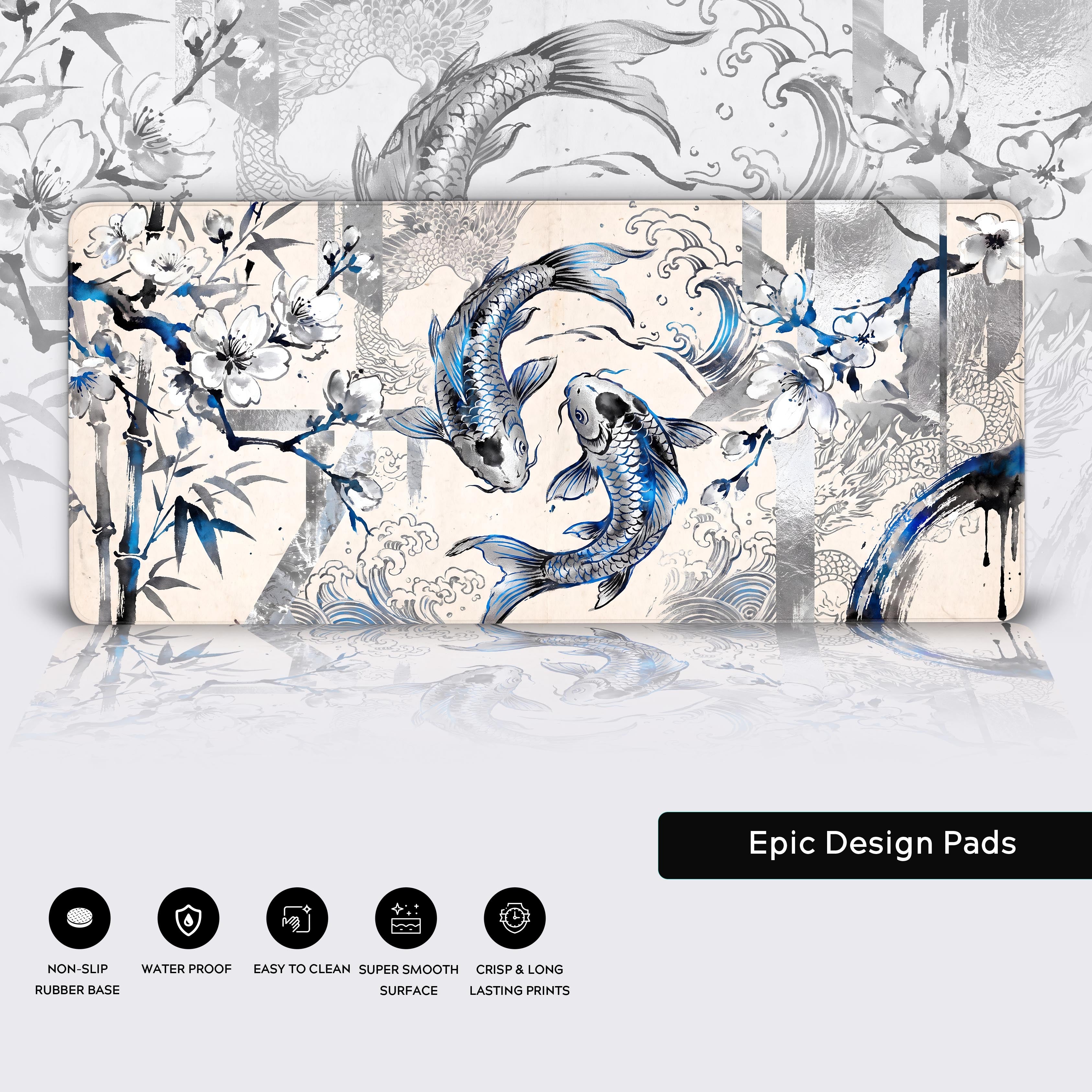 Epic Design Pads Azure Koi desk mat transforming a modern gaming and work setup
