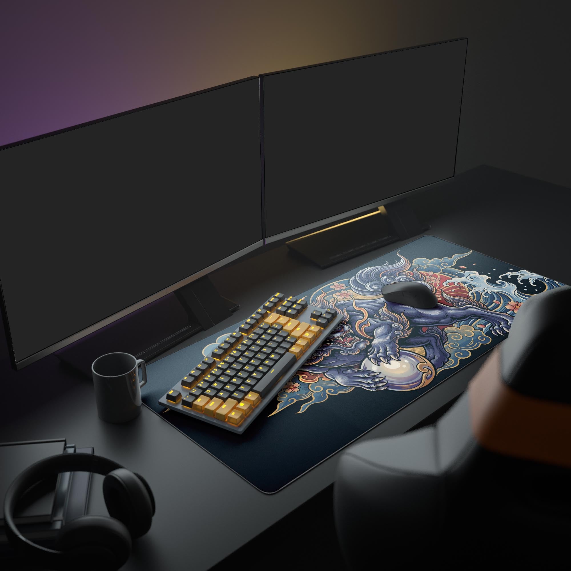 A sleek gaming setup featuring the Komainu Pearl mouse pad, which anchors the monitor, keyboard, and mouse with its powerful Japanese mythology design. - Epic Design Pads & Mousepads