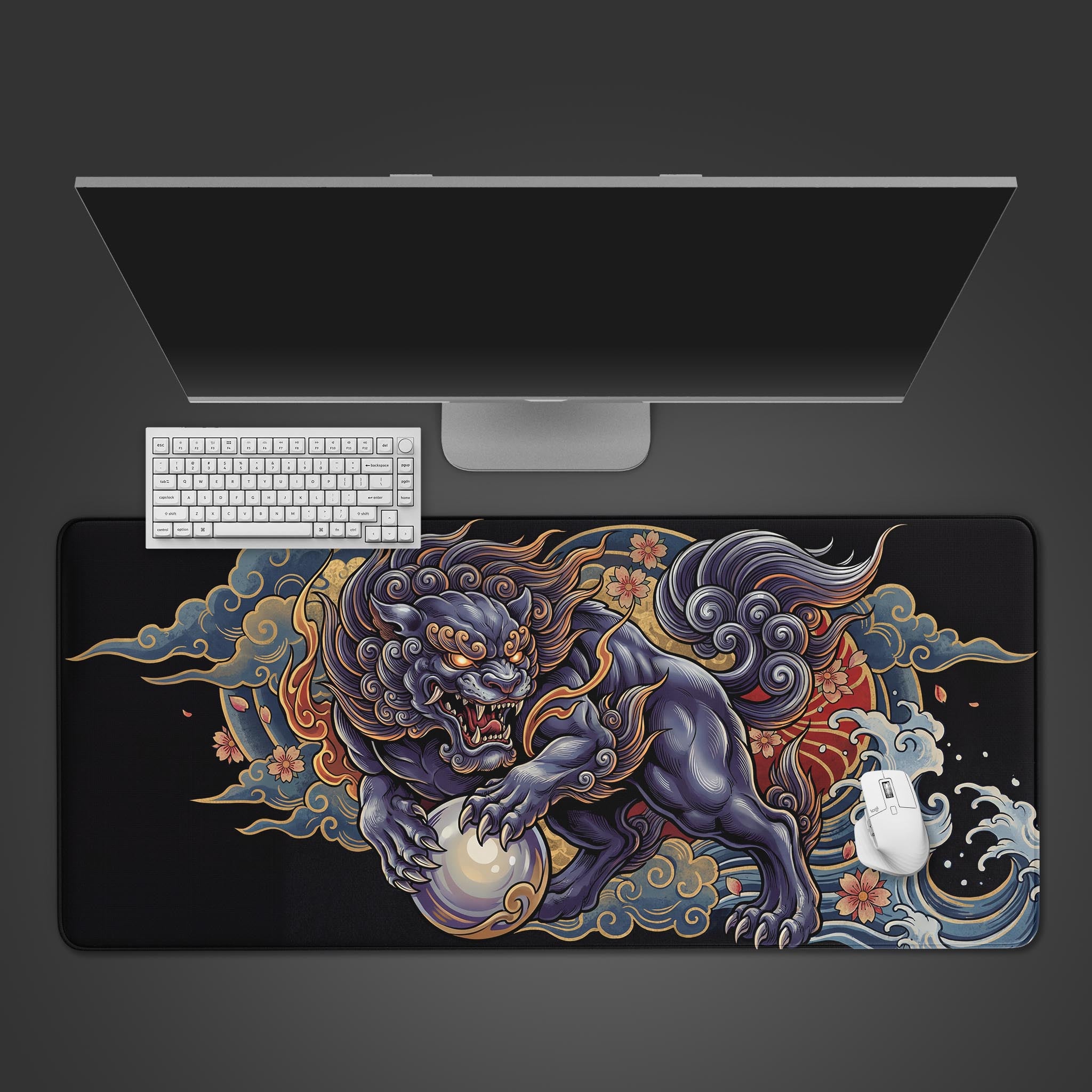 Top-down view of the Komainu Guardian Lion gaming desk mat, showcasing the vibrant Japanese art style alongside a white keyboard and mouse on a dark surface. - Epic Design Pads & Mousepads
