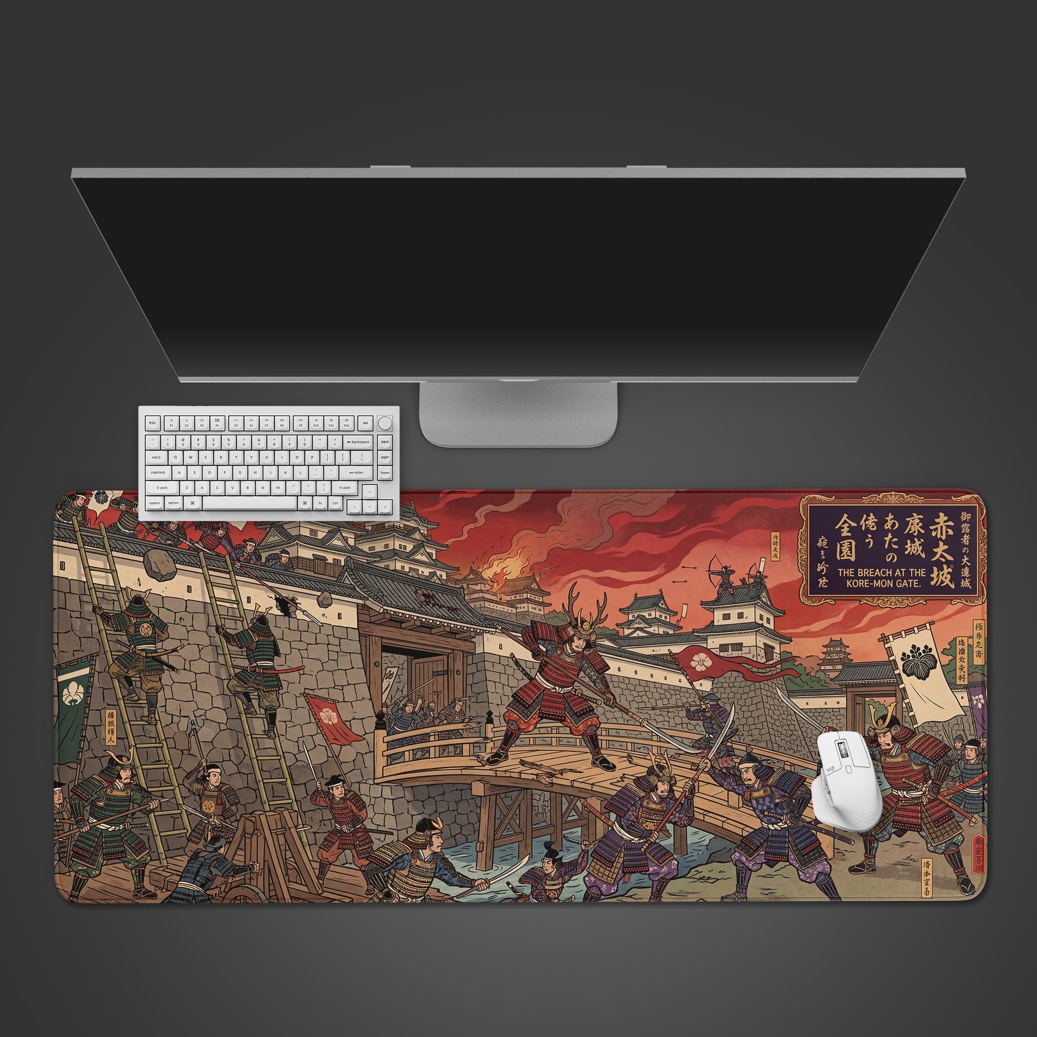 Top-down view of the Kore-mon Breach samurai gaming desk mat, displayed with a white mechanical keyboard and a white mouse on a dark surface. - Epic Design Pads & Mousepads