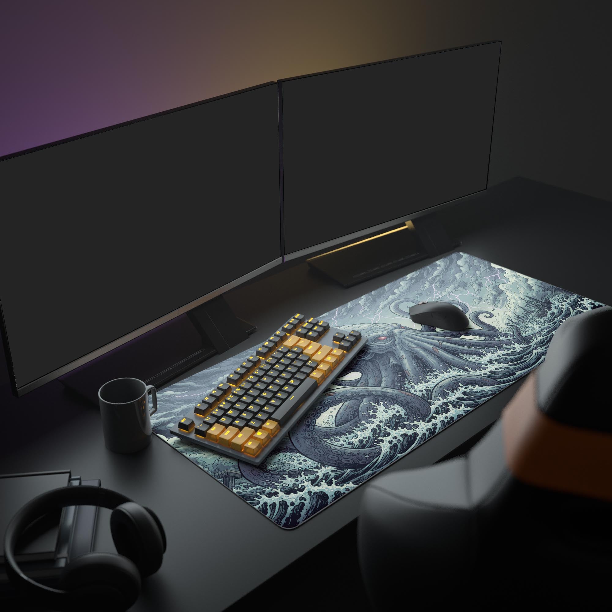 Large Kraken desk mat shown in an immersive gaming setup with dual monitors, a mechanical keyboard, and headphones. - Epic Design Pads