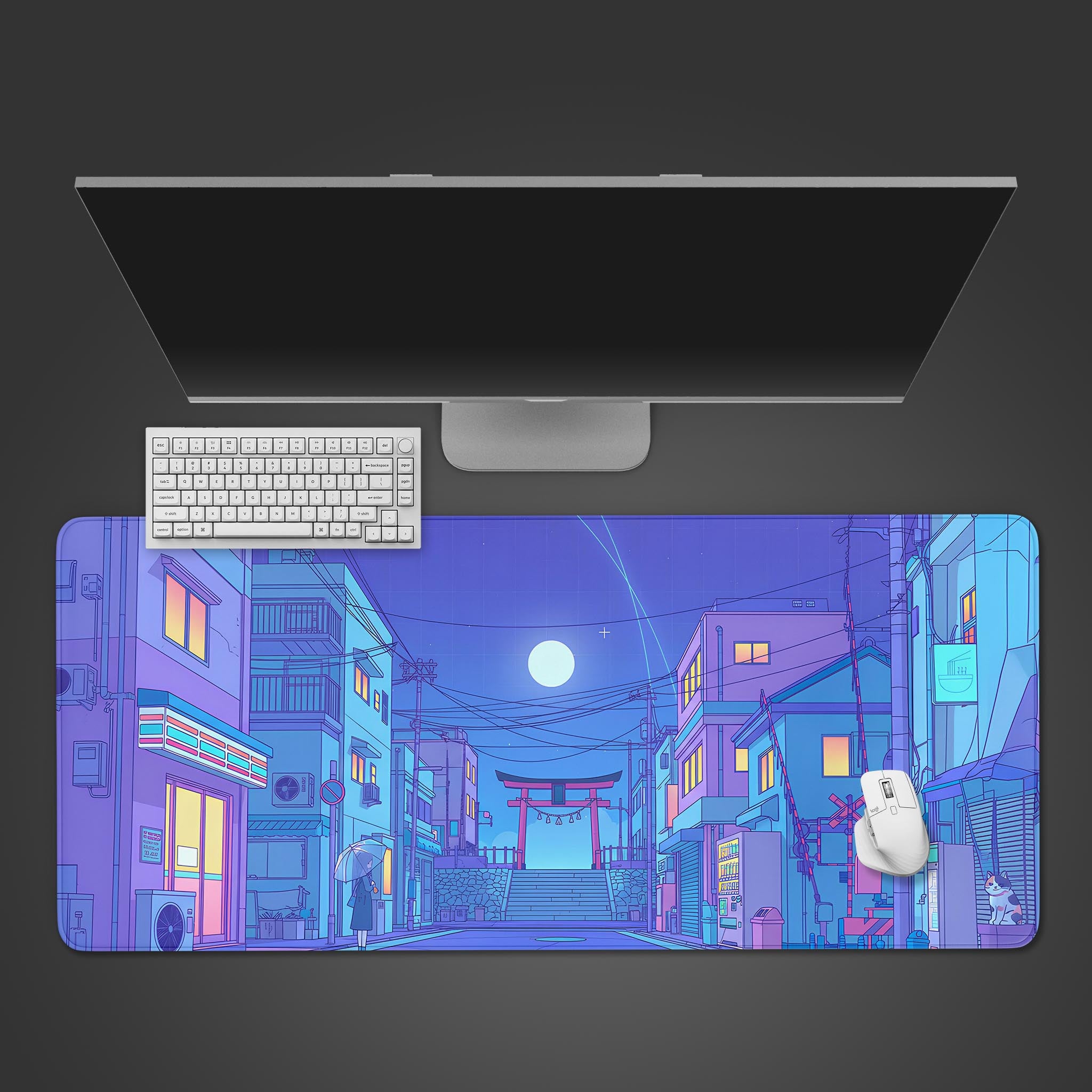 Kyoto Dreams anime desk mat with purple Japanese night scene - top-down desktop view with keyboard and mouse. - Epic Design Pads