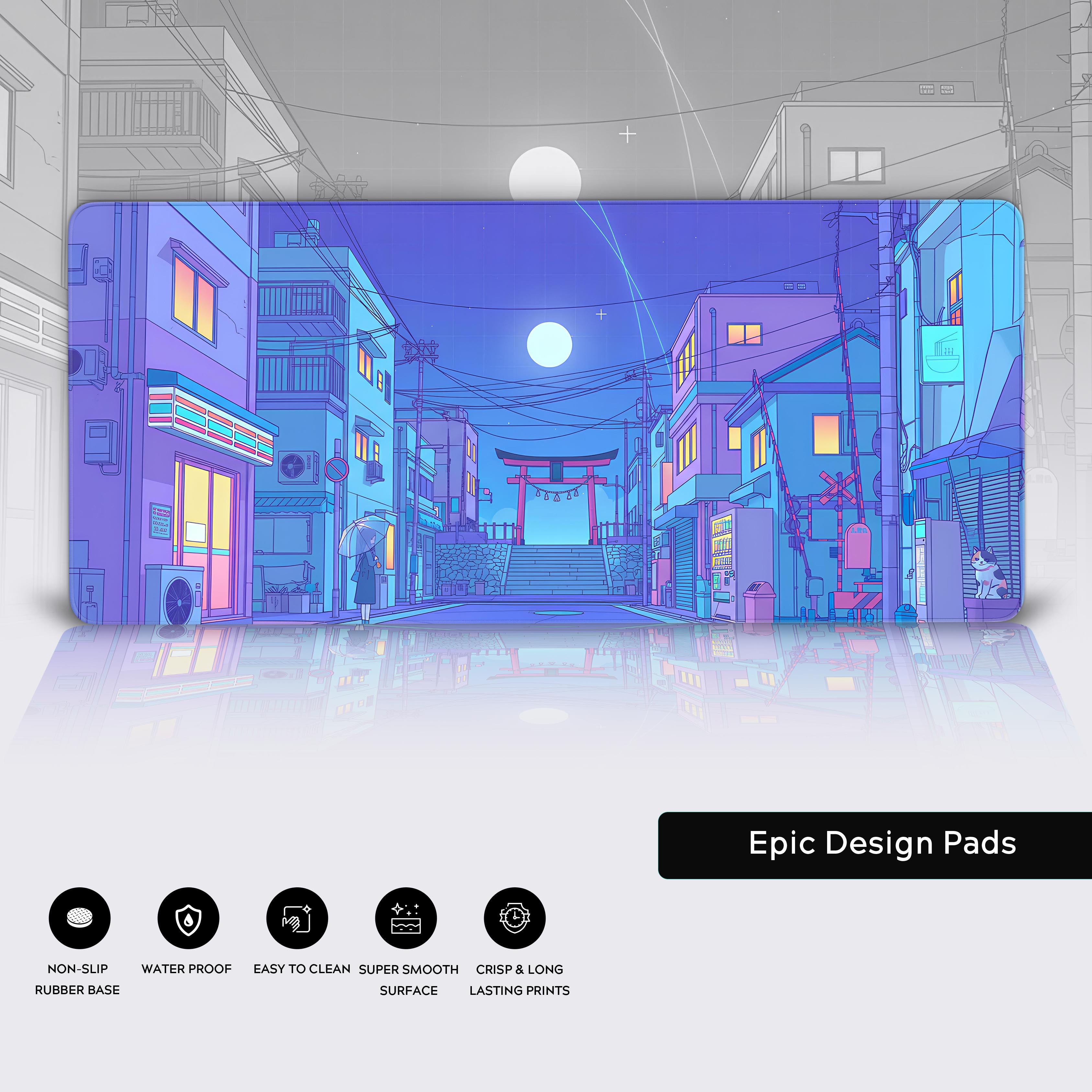 Kyoto Dreams anime desk mat showing durable stitched edges and a non-slip rubber base for stable gaming. - Epic Design Pads