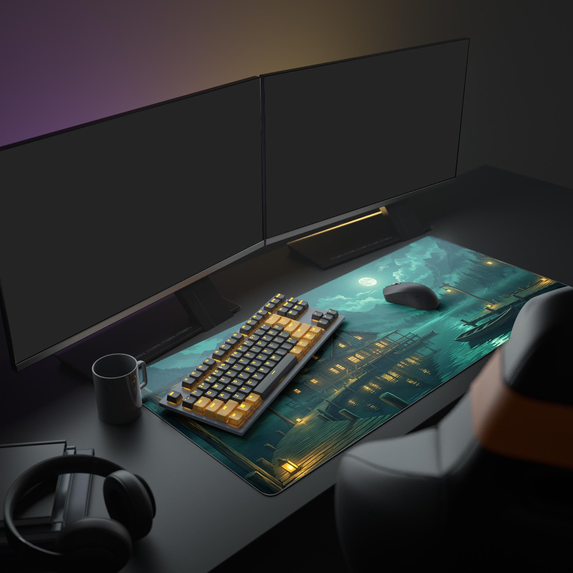 Large Lakeside Haven mouse pad with tranquil lake scene – shown in a cozy home office setup with dual monitors and warm lighting. - Epic Design Pads & Mousepads