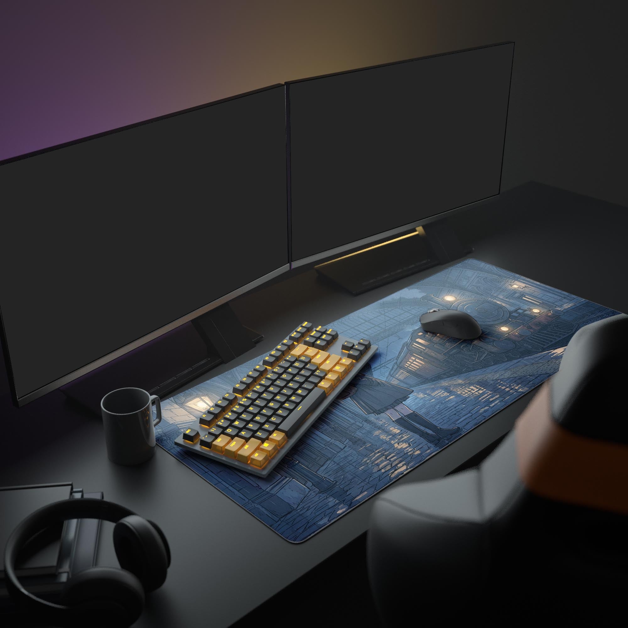 Large Last Train desk mat in an aesthetic desk setup, featuring dual monitors, a mechanical keyboard, and ambient lighting. - Epic Design Pads & Mousepads