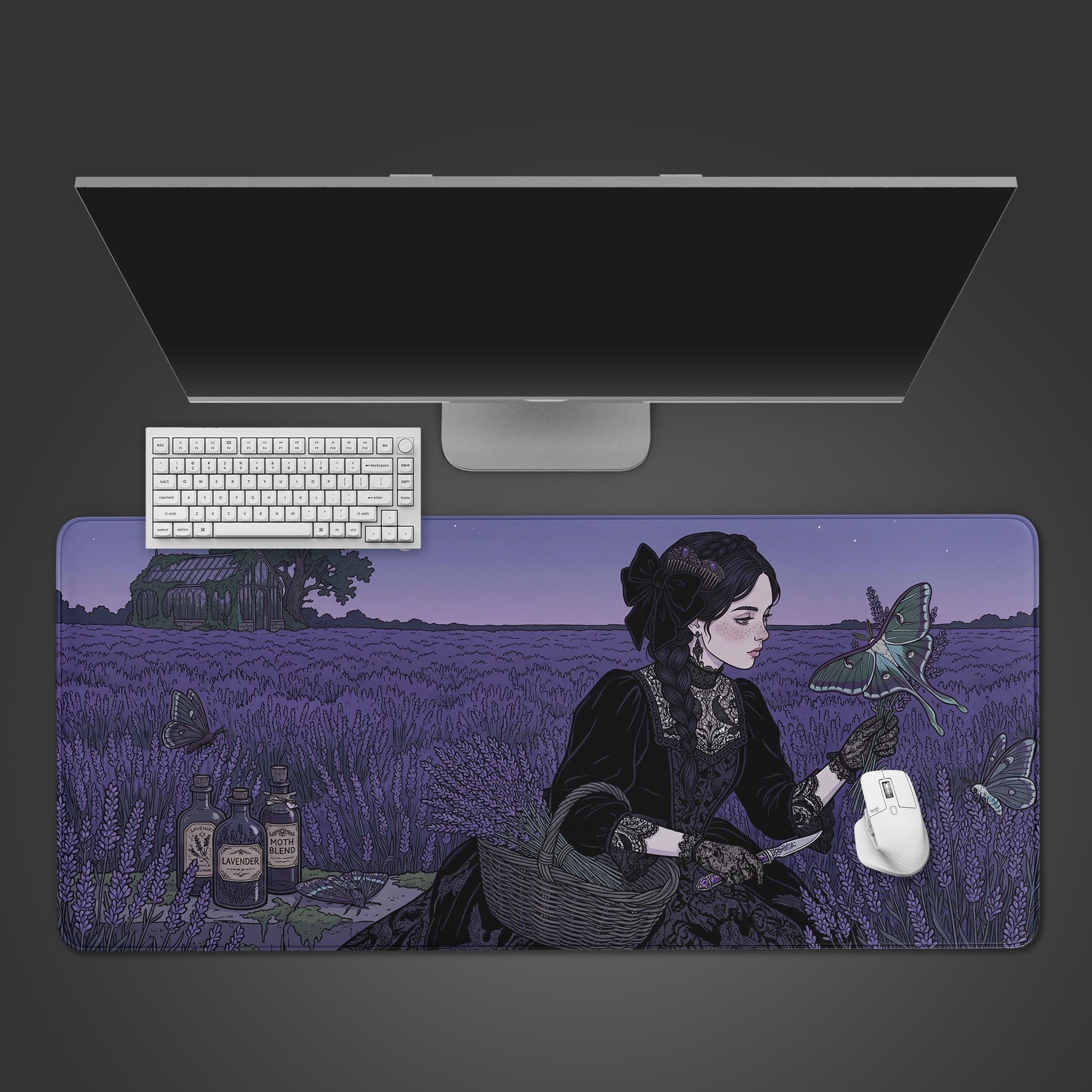 A top-down view of the Lavender Apothecary gaming desk mat, showing the gothic design under a white keyboard and mouse. - Epic Design Pads & Mousepads