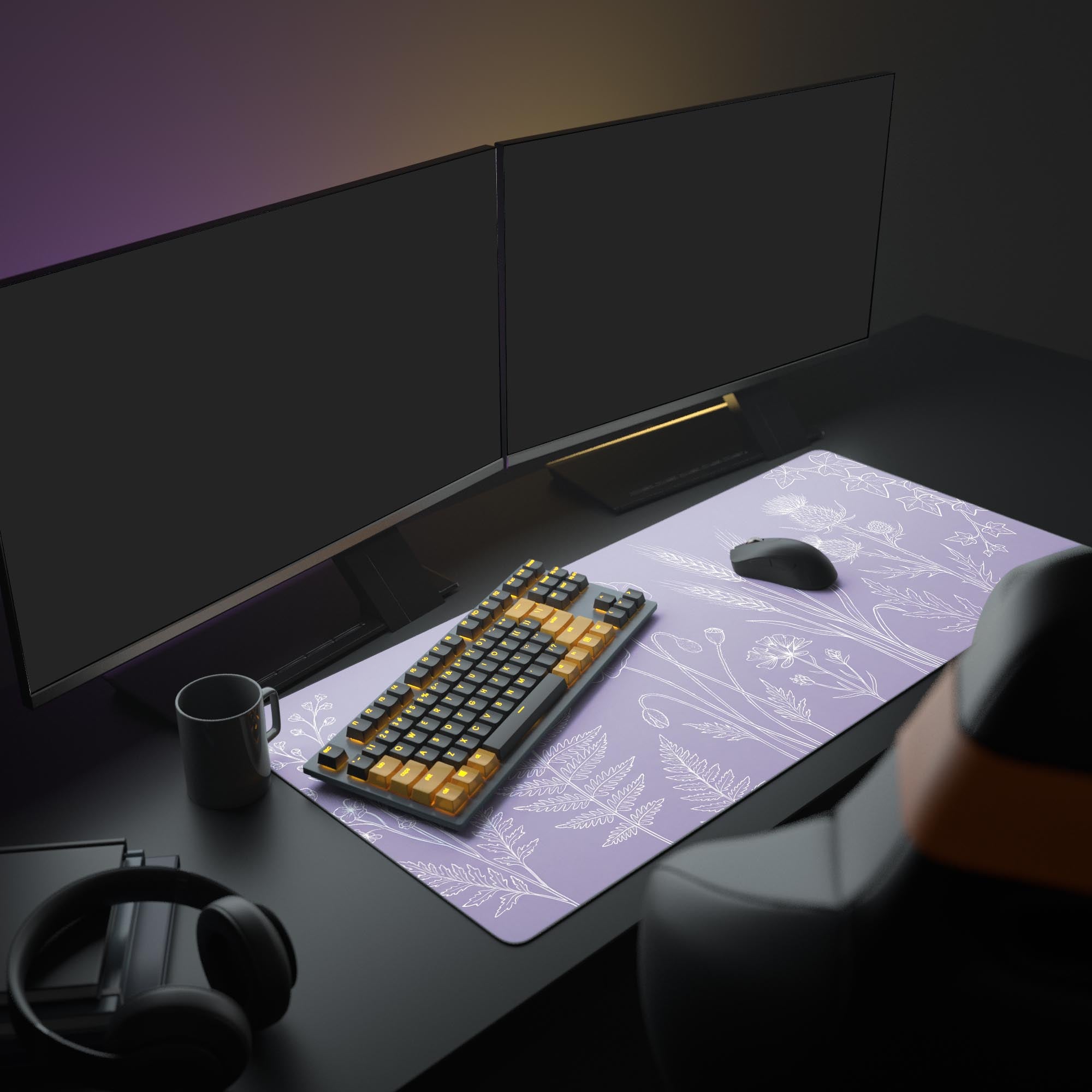 A serene office setup featuring the purple Lavender Botanica gaming desk mat, which organizes a minimalist keyboard, mouse, and monitor for a cohesive aesthetic. - Epic Design Pads & Mousepads