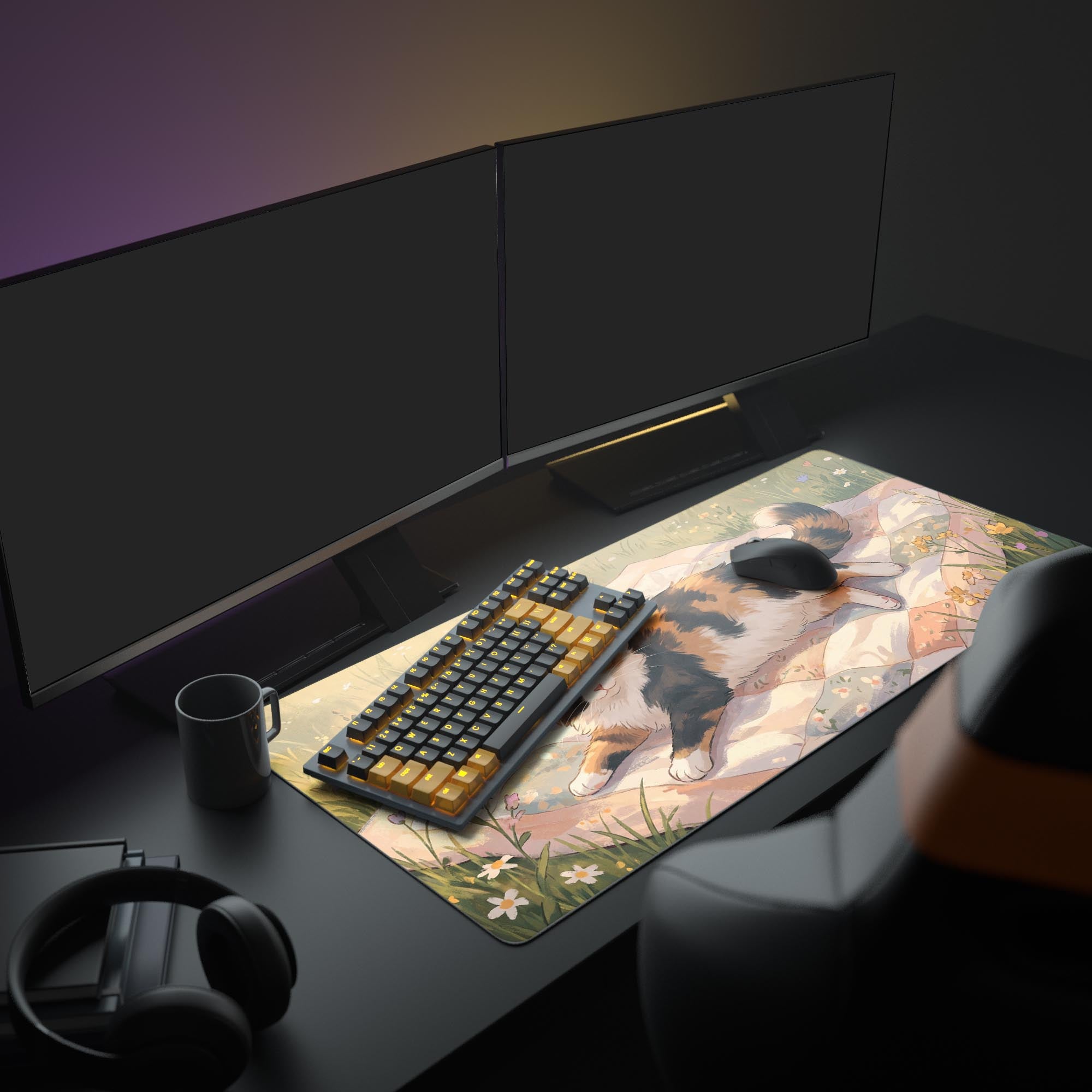 A cozy PC setup featuring the Lazy Afternoon Cat Mouse Pad, complemented by a widescreen monitor and keyboard, creating a warm, inviting workspace. - Epic Design Pads & Mousepads