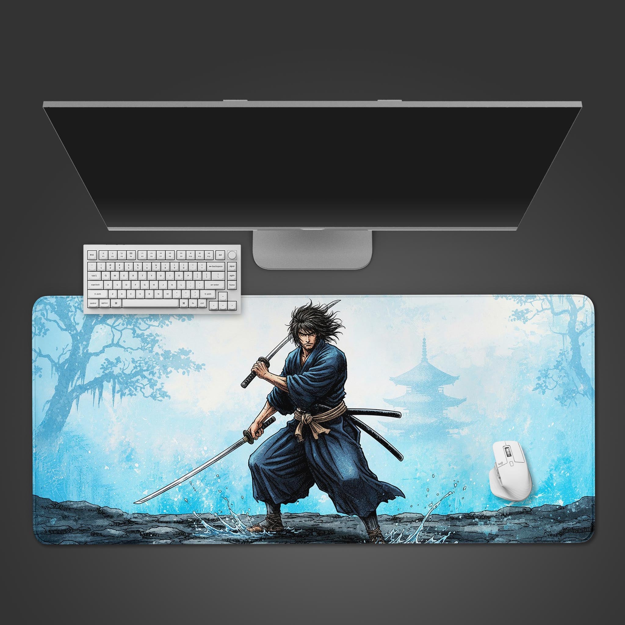 Top-down view of the Legendary Swordsman desk mat with Miyamoto Musashi design. A black keyboard and gaming mouse are shown on the large Japanese art mouse pad. - Epic Design Pads