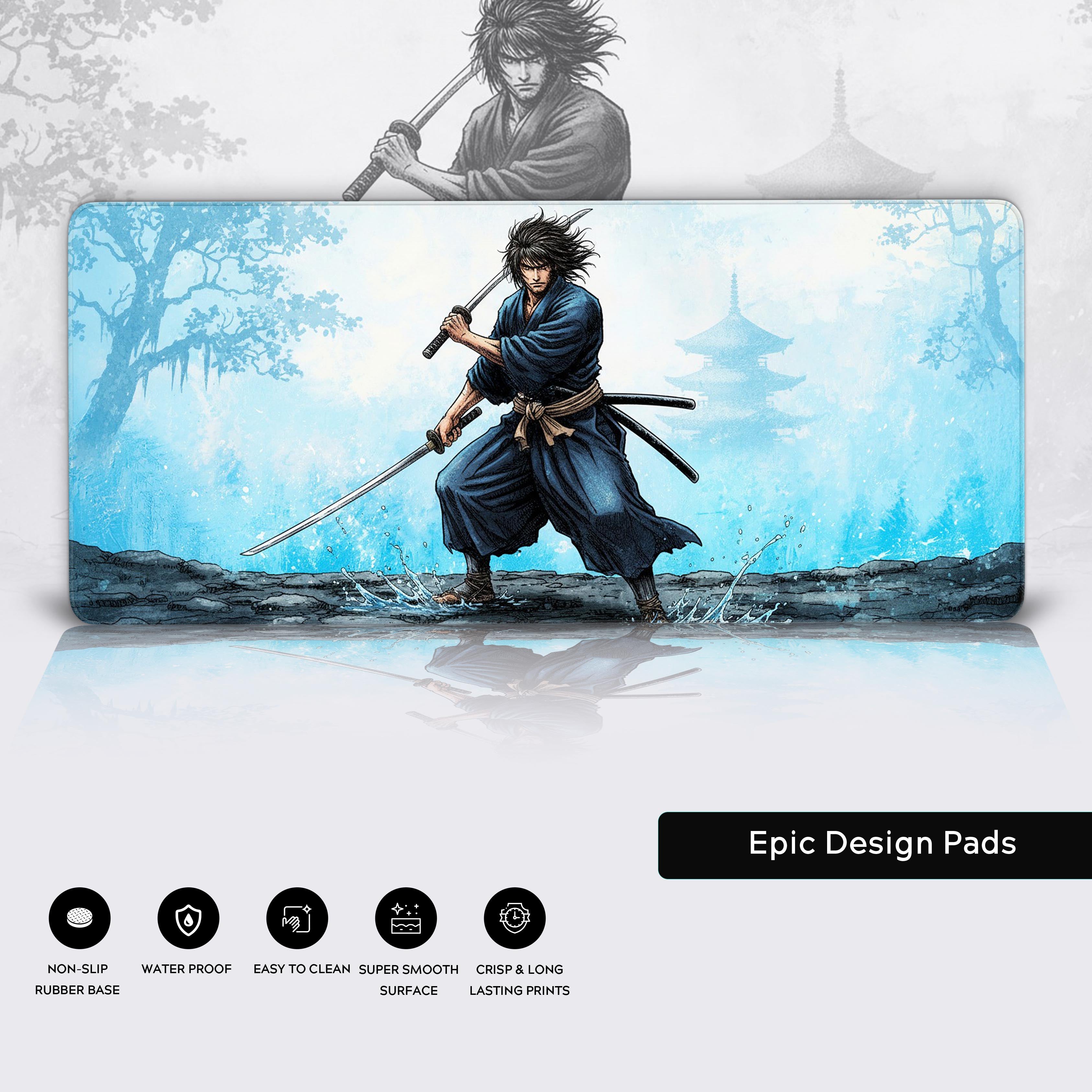 Close-up of the Legendary Swordsman desk mat showing its durable stitched edges, water-resistant surface, and non-slip rubber base. The Miyamoto Musashi artwork is vibrant. - Epic Design Pads