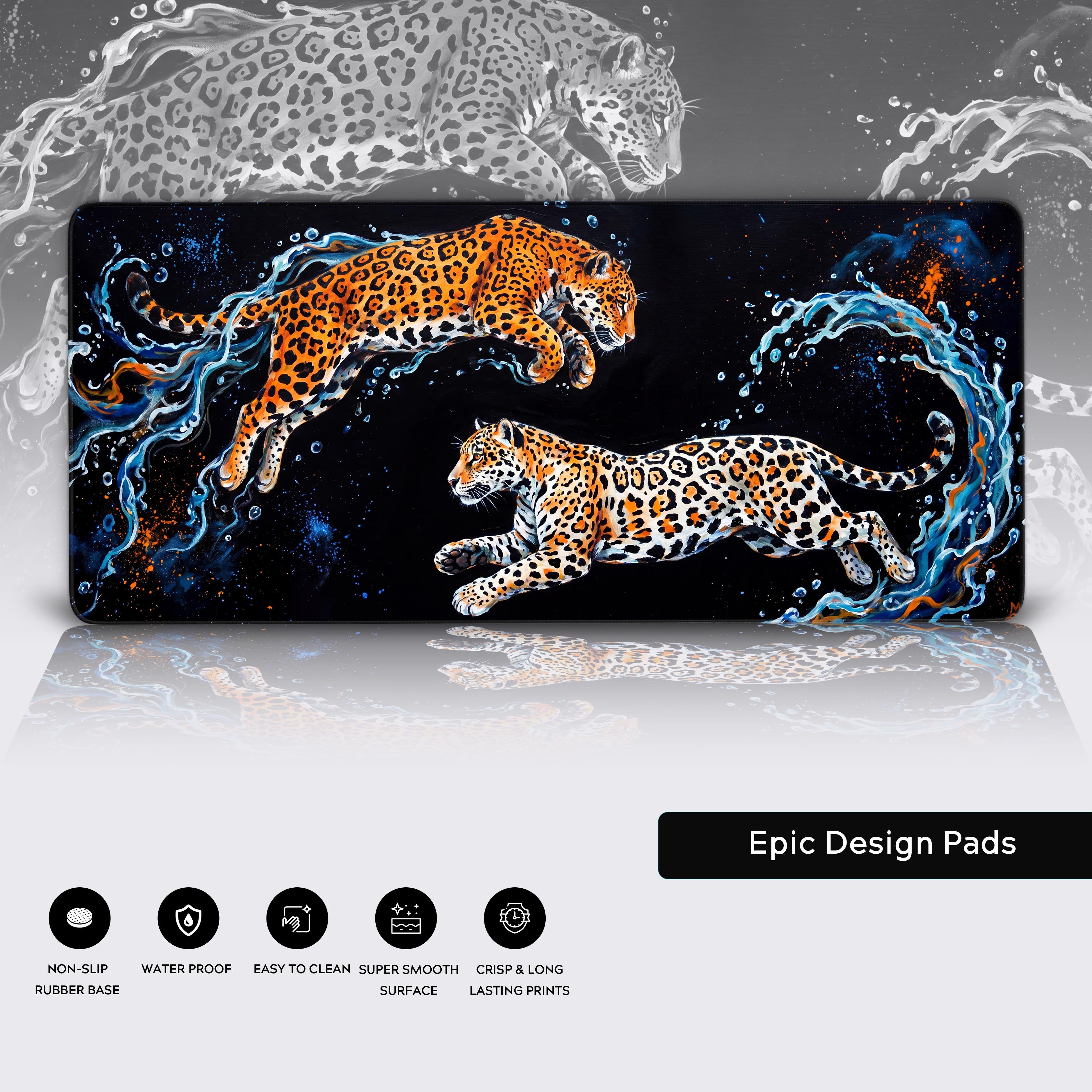 Epic Design Pads leopard desk mat showing non-slip rubber base and super smooth surface icons