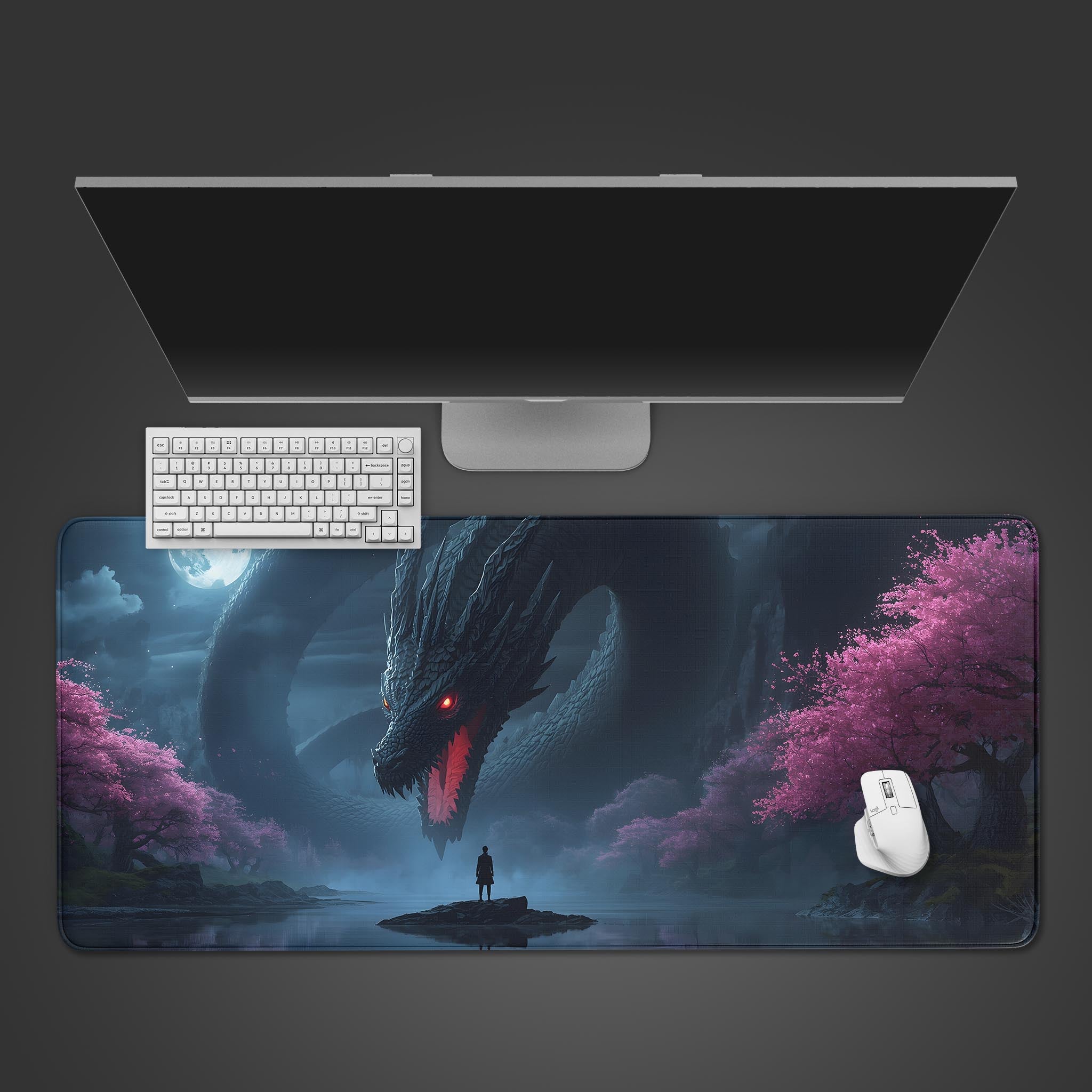 Leviathan's Gaze dragon desk mat with cherry blossom design. Top-down desktop view showing a gaming keyboard and mouse on the mat's surface. - Epic Design Pads & Mousepads