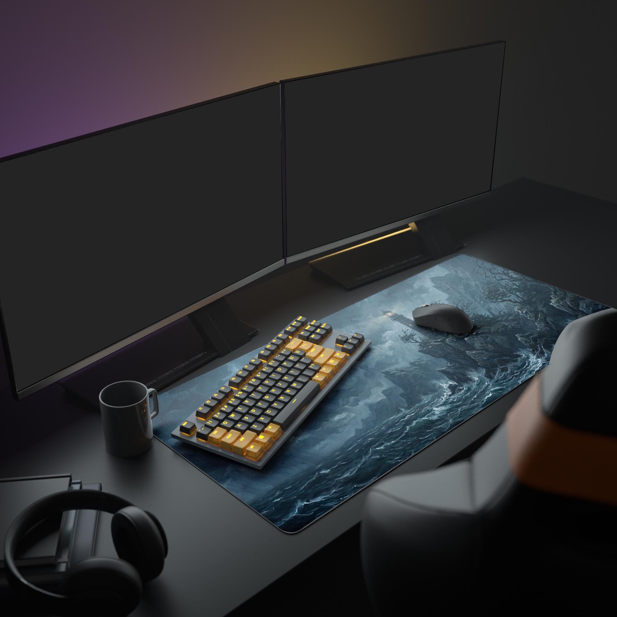 Close up of the dark moody ocean artwork on an XL gaming mouse pad