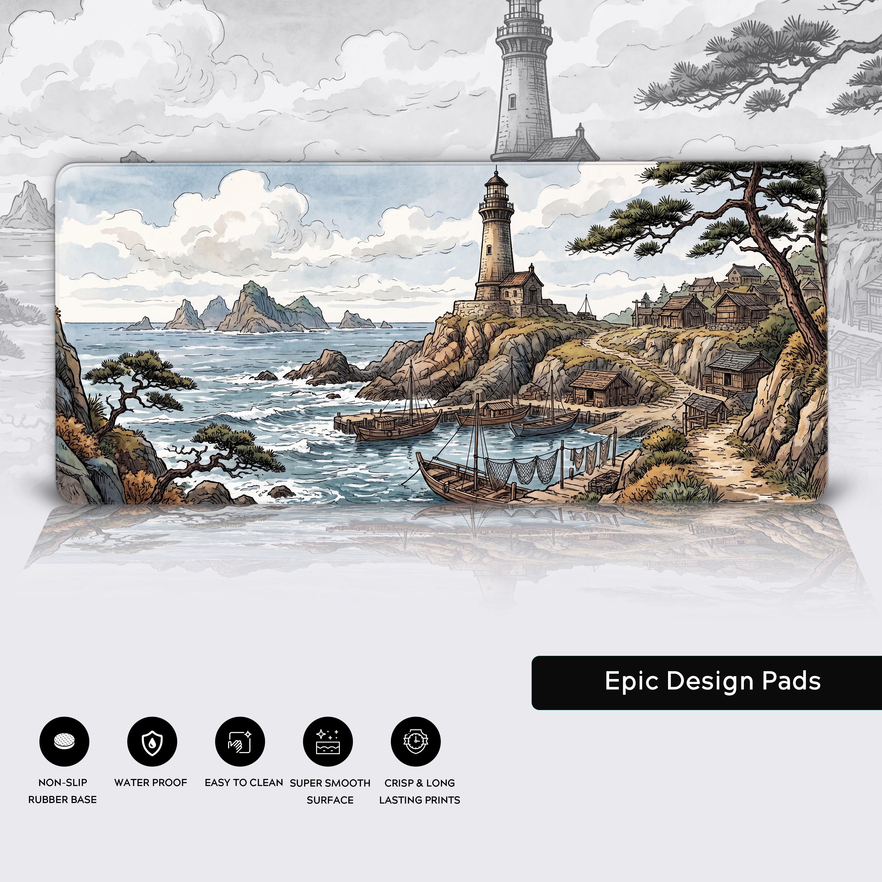 Epic Design Pads coastal lighthouse desk mat showing non-slip rubber base and edge stitching