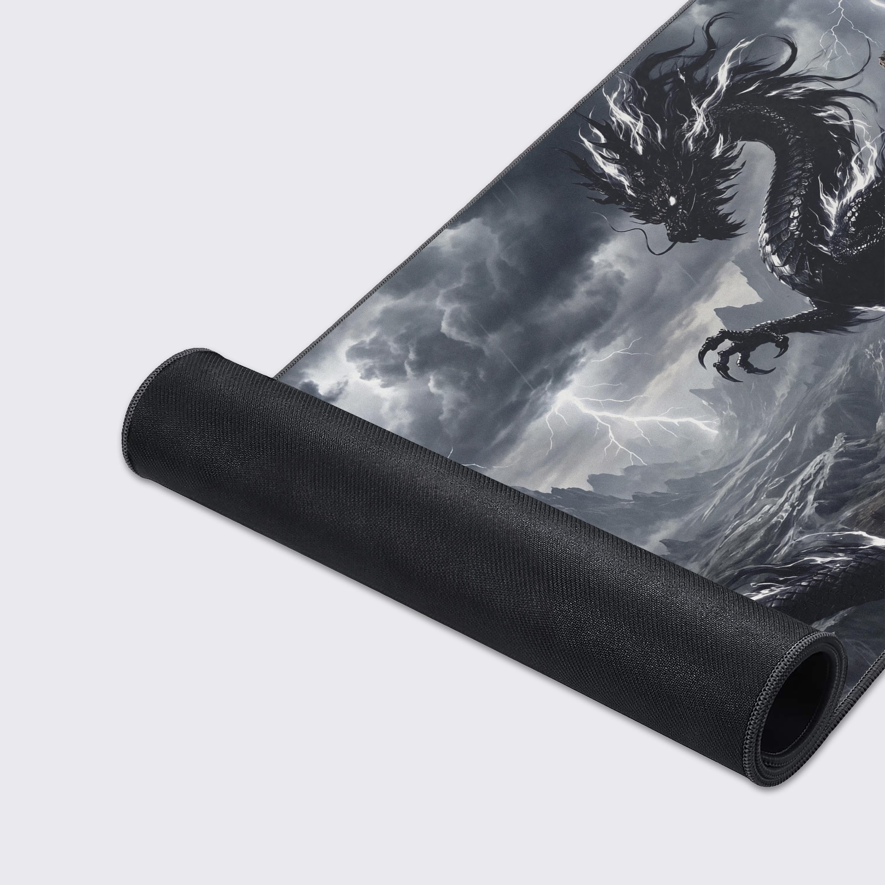 Features of the lightning dragon desk mat including non-slip rubber base, water-proof surface, and easy to clean material.