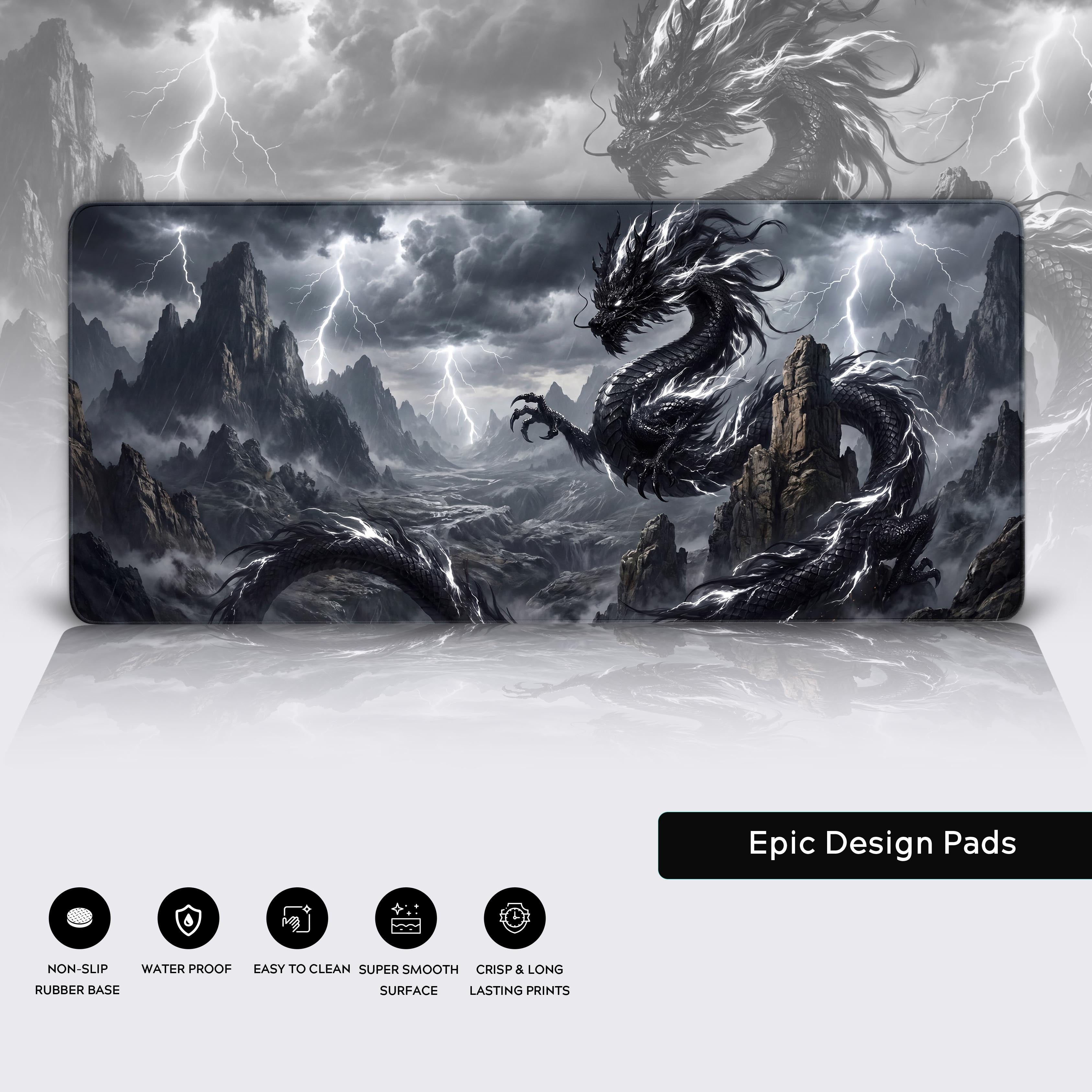 Epic dark fantasy gaming setup accessory featuring a legendary dragon in a thunderstorm.