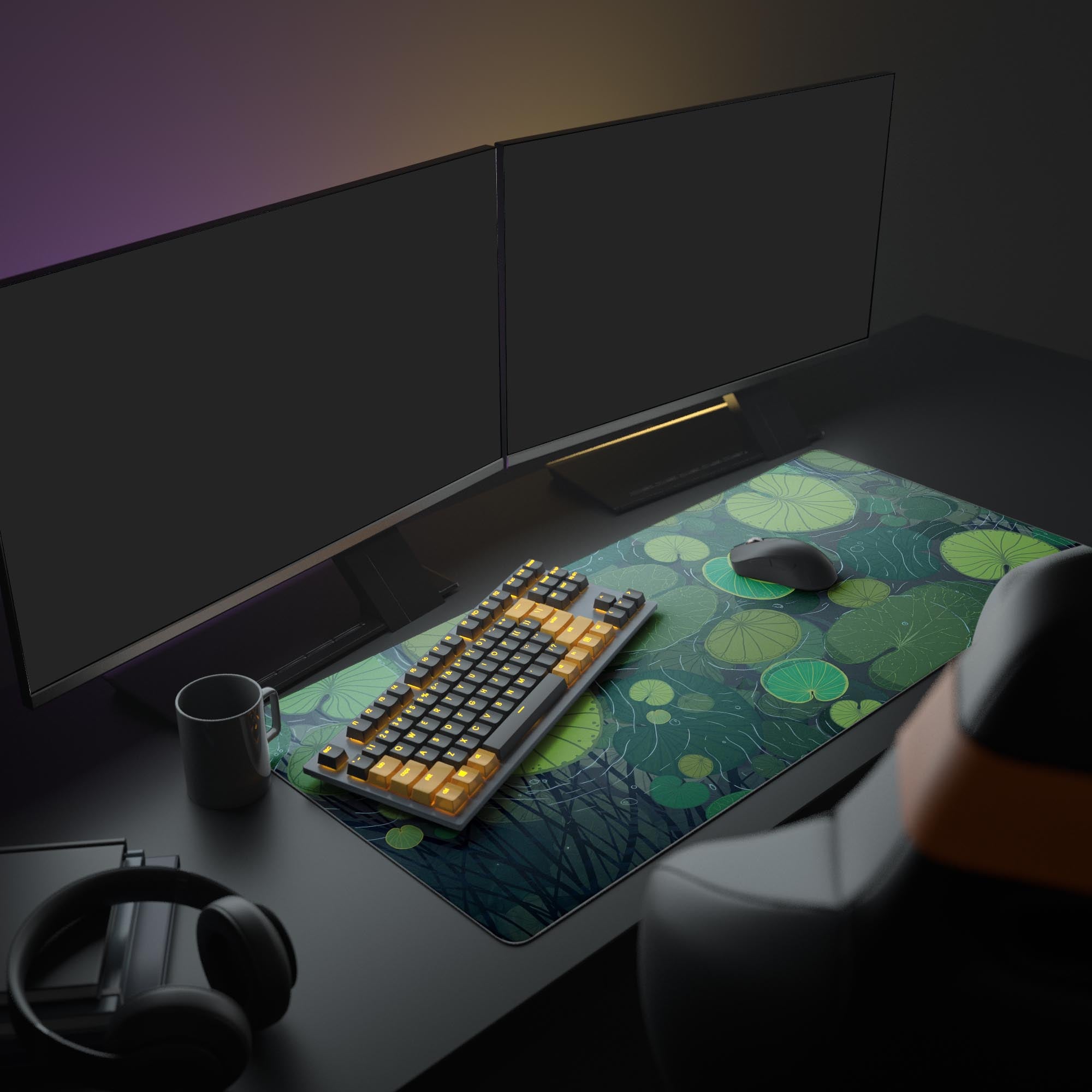 A zen PC setup featuring the Lily Pads desk mat, creating a calm nature aesthetic with dual monitors, a minimalist keyboard, and an ergonomic mouse for a focused workspace. - Epic Design Pads & Mousepads