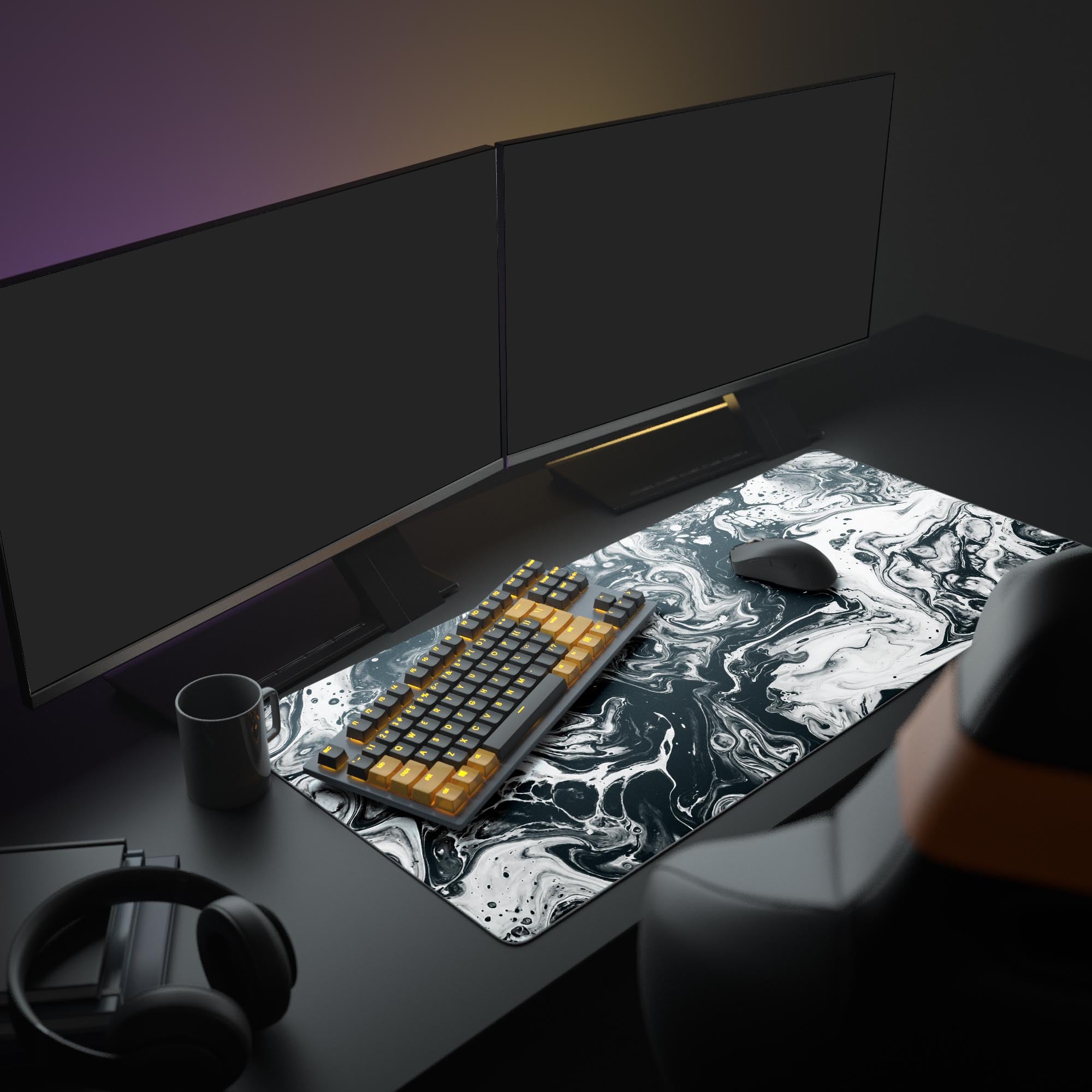 A modern PC setup featuring the Liquid Abyss gaming desk mat, creating a stylish monochrome aesthetic with dual monitors and an illuminated keyboard. - Epic Design Pads & Mousepads