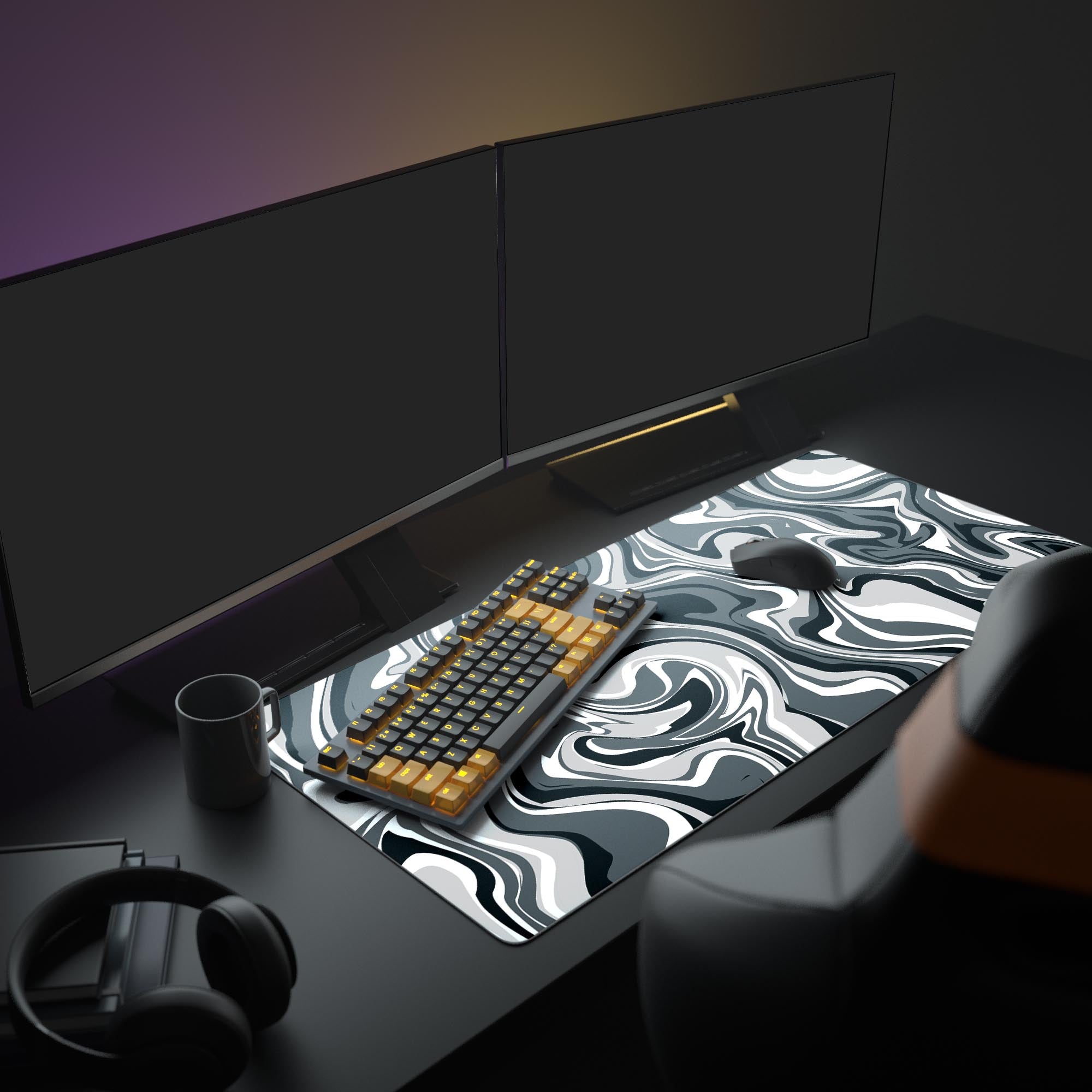 Large Liquid Agate desk mat in a modern office setup with dual monitors, a mechanical keyboard, and headphones. - Epic Design Pads