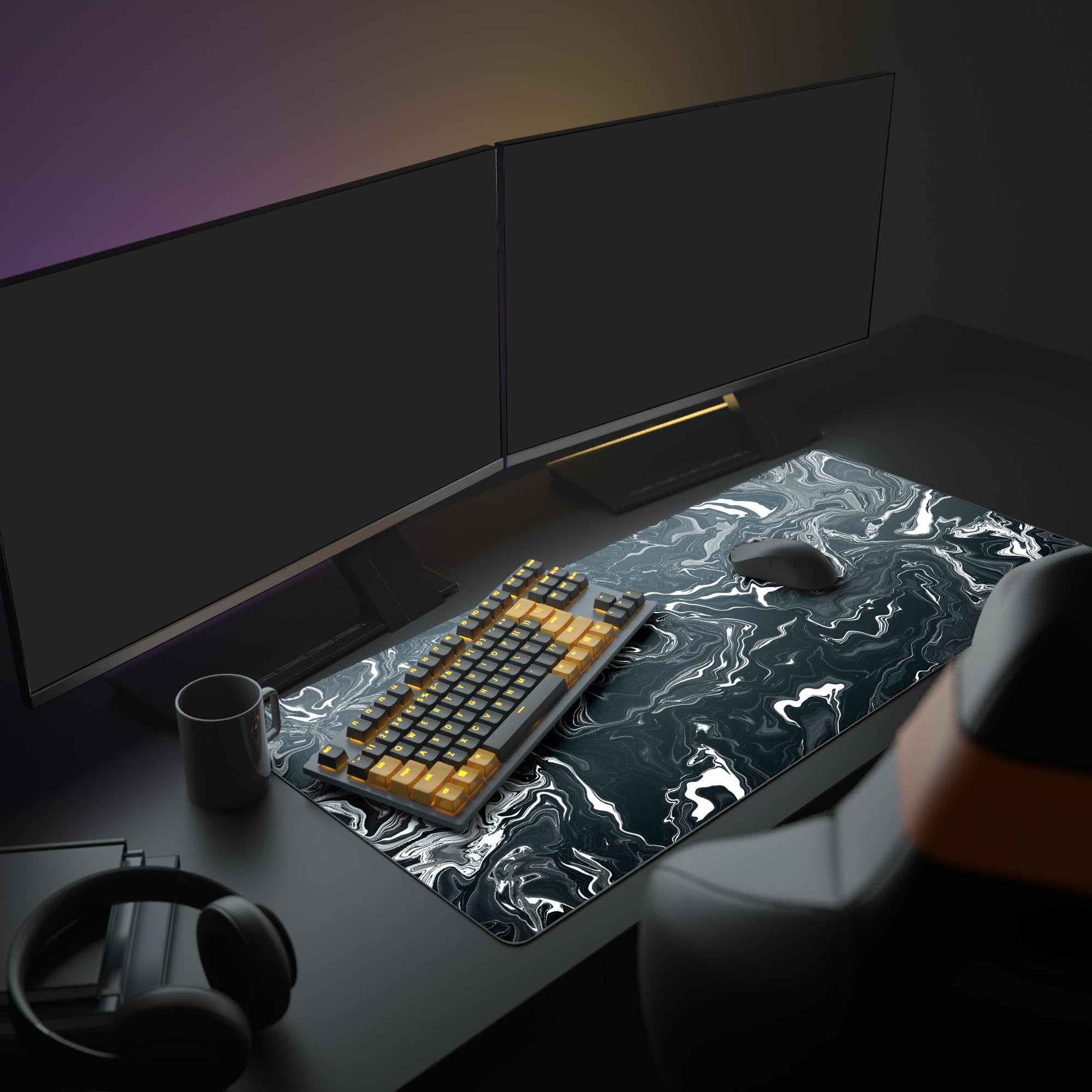 Large Liquid Black desk mat shown in a modern gaming setup with dual monitors, mechanical keyboard, and headphones. - Epic Design Pads