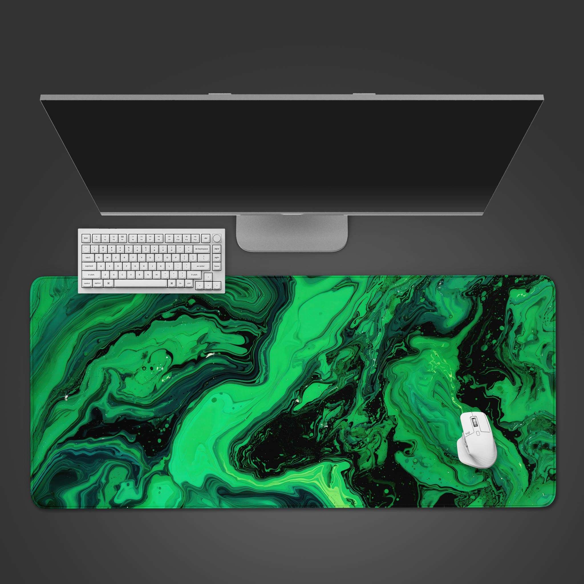 Liquid Green desk mat with vibrant abstract art design, shown from a top-down view with a black keyboard and mouse. - Epic Design Pads