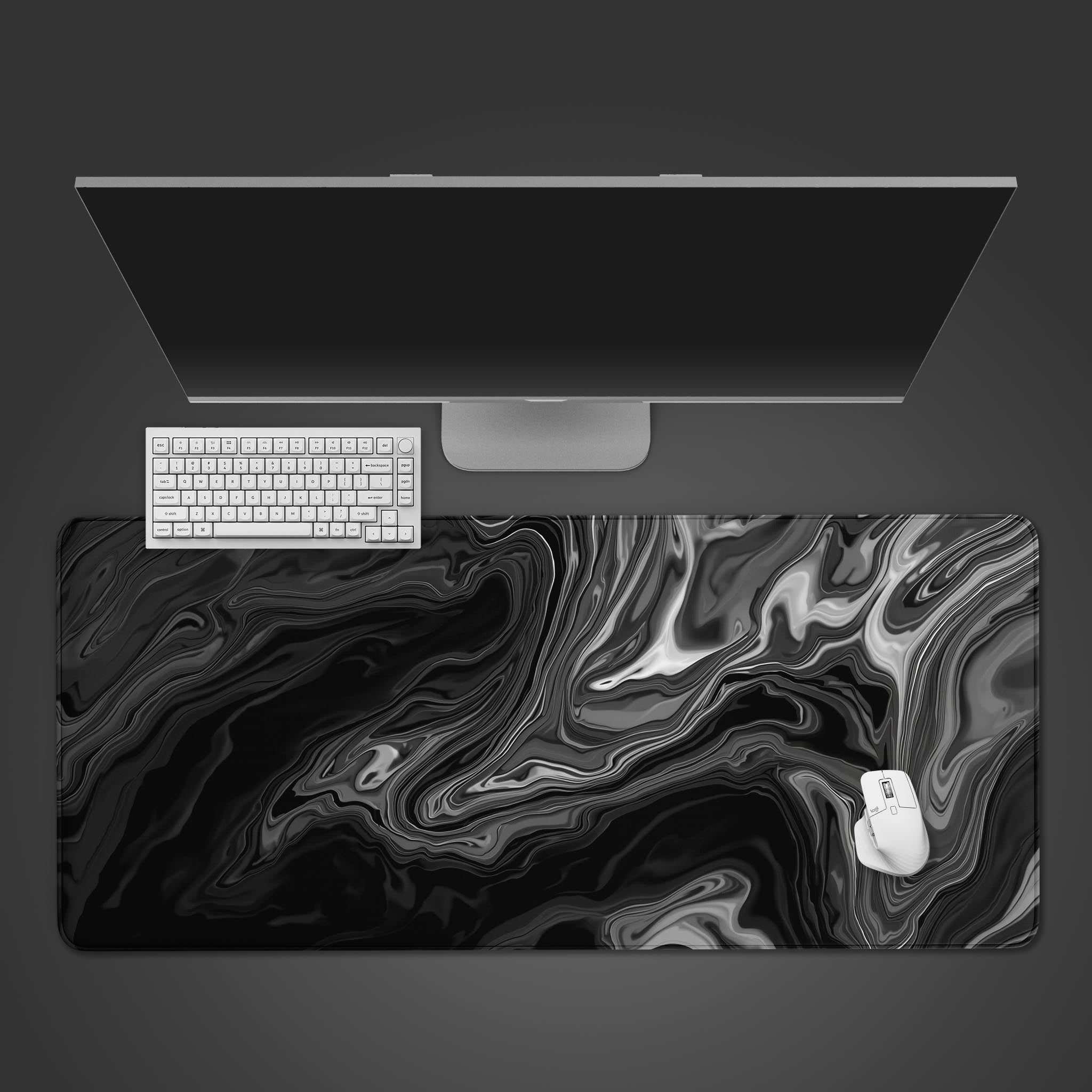 Liquid Grey abstract marble desk mat, top-down view with a black keyboard and wireless mouse, showcasing its large surface for a clean modern workspace. - Epic Design Pads