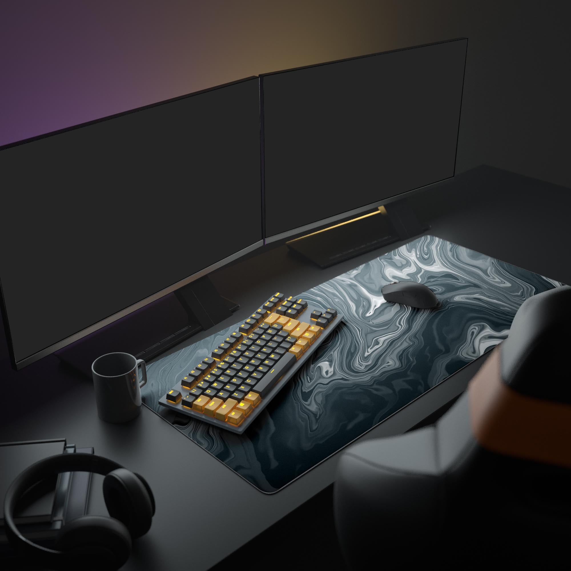 Large Liquid Grey desk mat shown in a minimalist gaming setup with dual monitors, a mechanical keyboard, and headphones, creating a sophisticated aesthetic. - Epic Design Pads