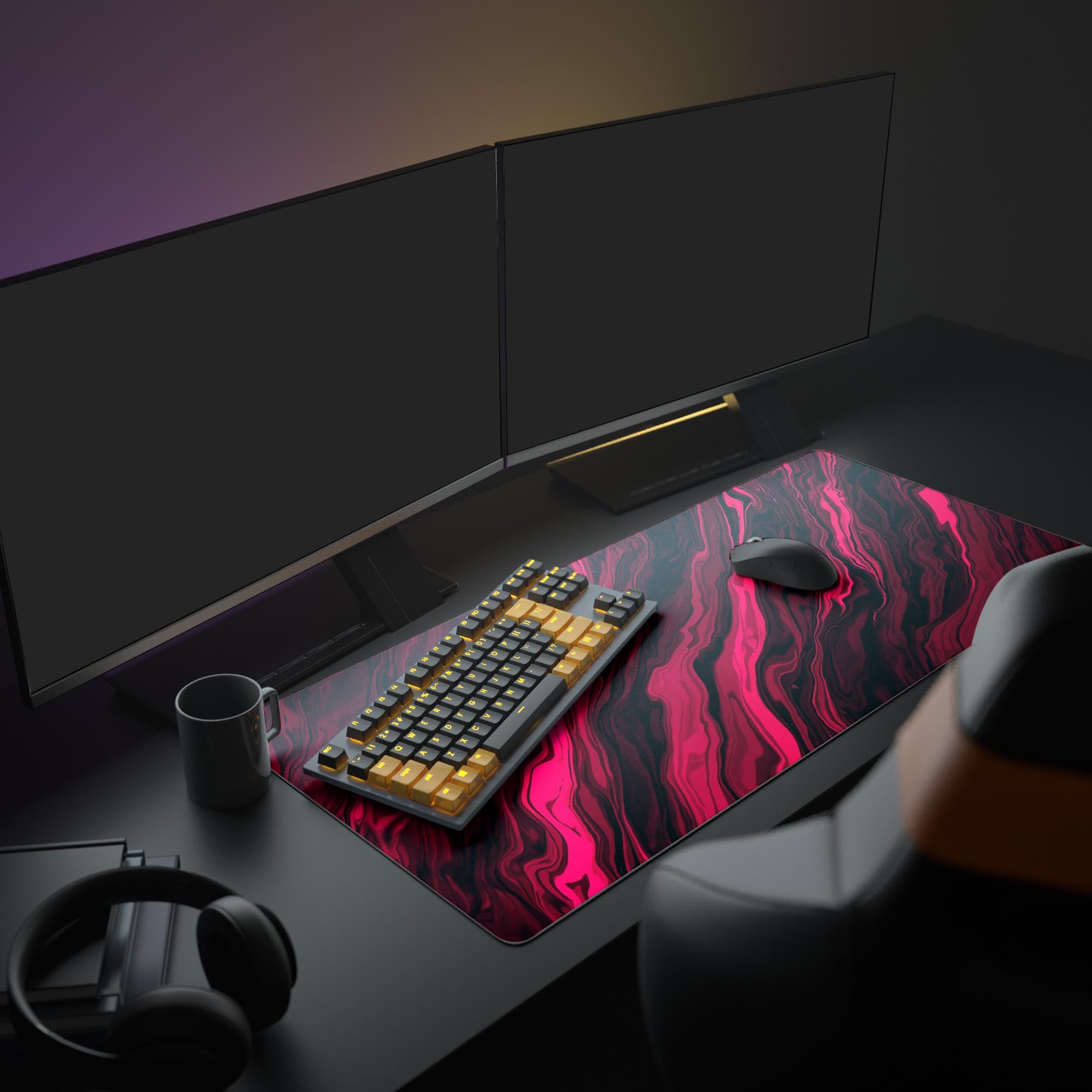 Large Liquid Red gaming desk mat in a full setup with dual monitors, mechanical keyboard, and headphones, creating a modern and vibrant workspace. - Epic Design Pads