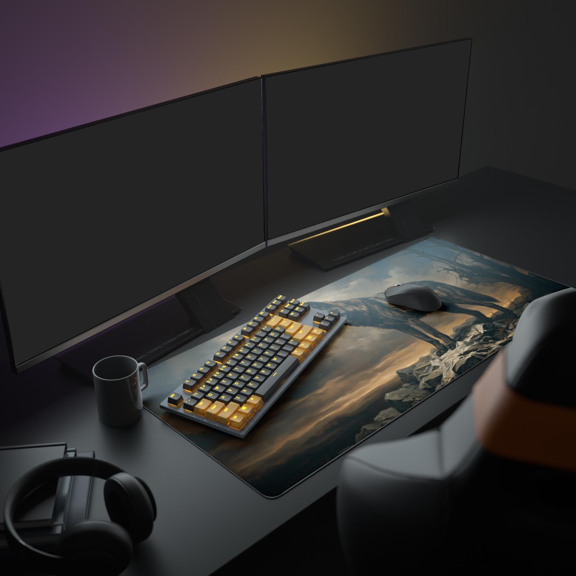Large Lone Wolf gaming desk mat with wildlife art – shown in an aesthetic desk setup with dual monitors and headphones. - Epic Design Pads & Mousepads