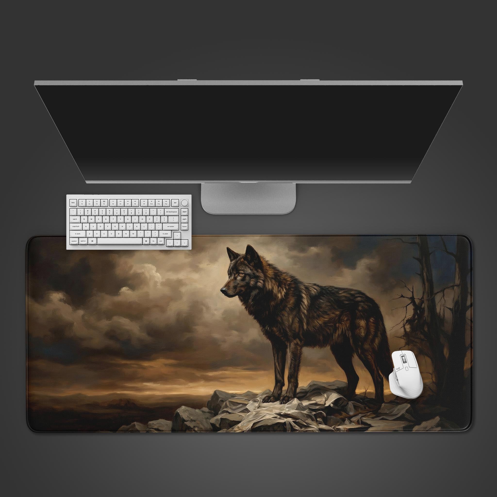 Lone Wolf desk mat with oil painting art of a wolf on a cliff – top-down desktop view with a black keyboard and mouse. - Epic Design Pads & Mousepads