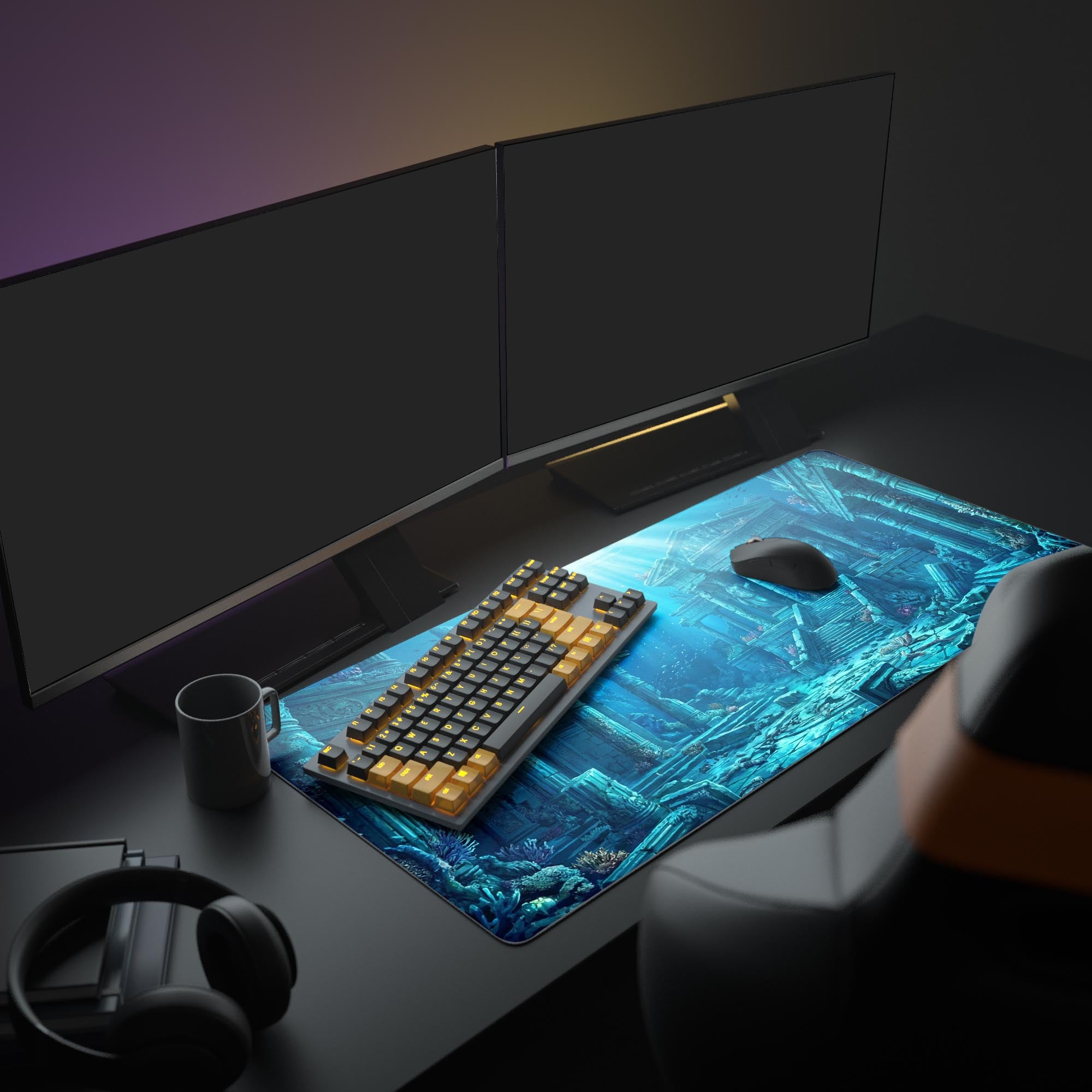 A full gaming setup showcasing the Lost Atlantis mouse pad. The deep-sea design complements the illuminated keyboard and dual monitors, creating a cohesive and immersive workspace. - Epic Design Pads & Mousepads