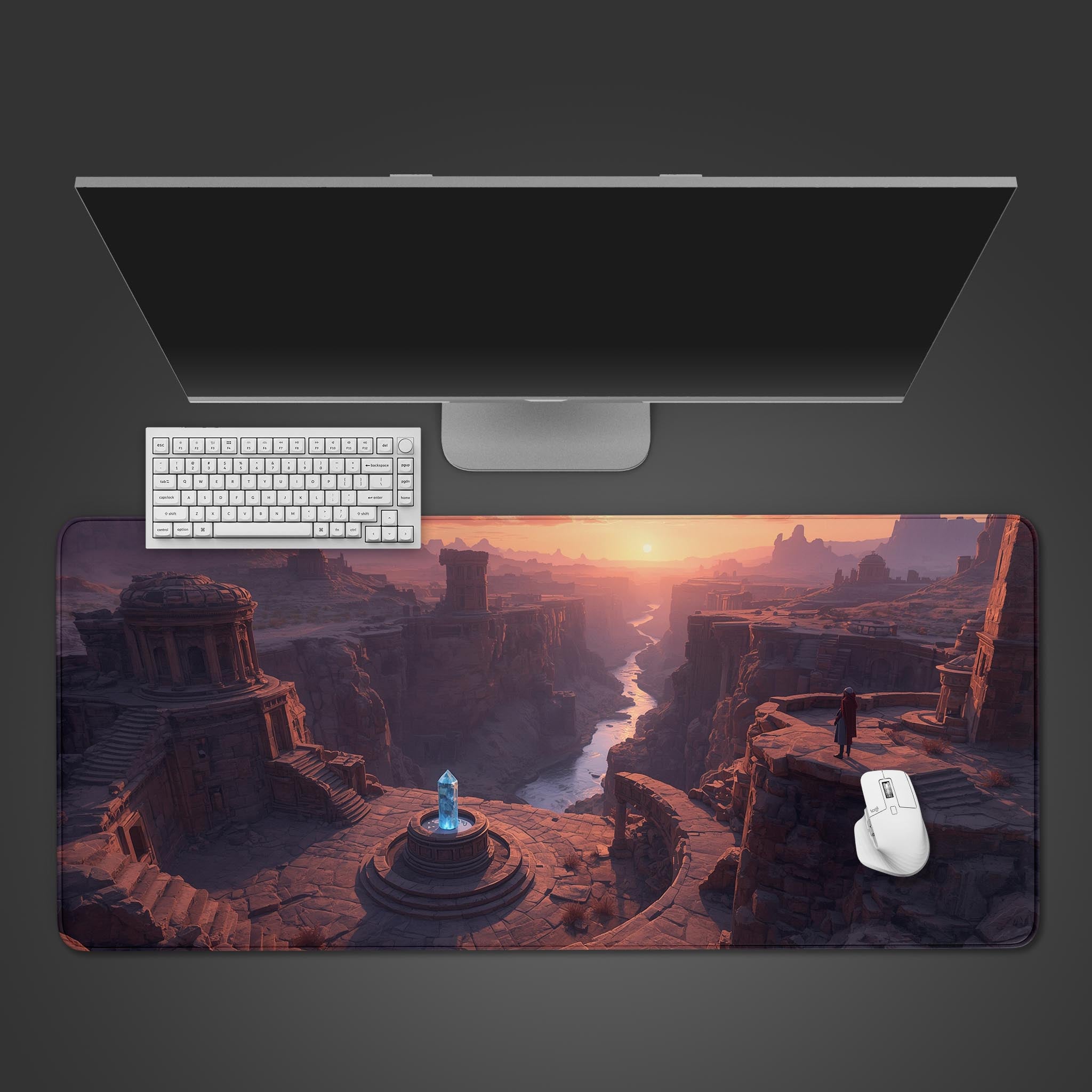 Lost Civilization desk mat with ancient canyon ruins design – top-down view on a desk with a keyboard and mouse. - Epic Design Pads