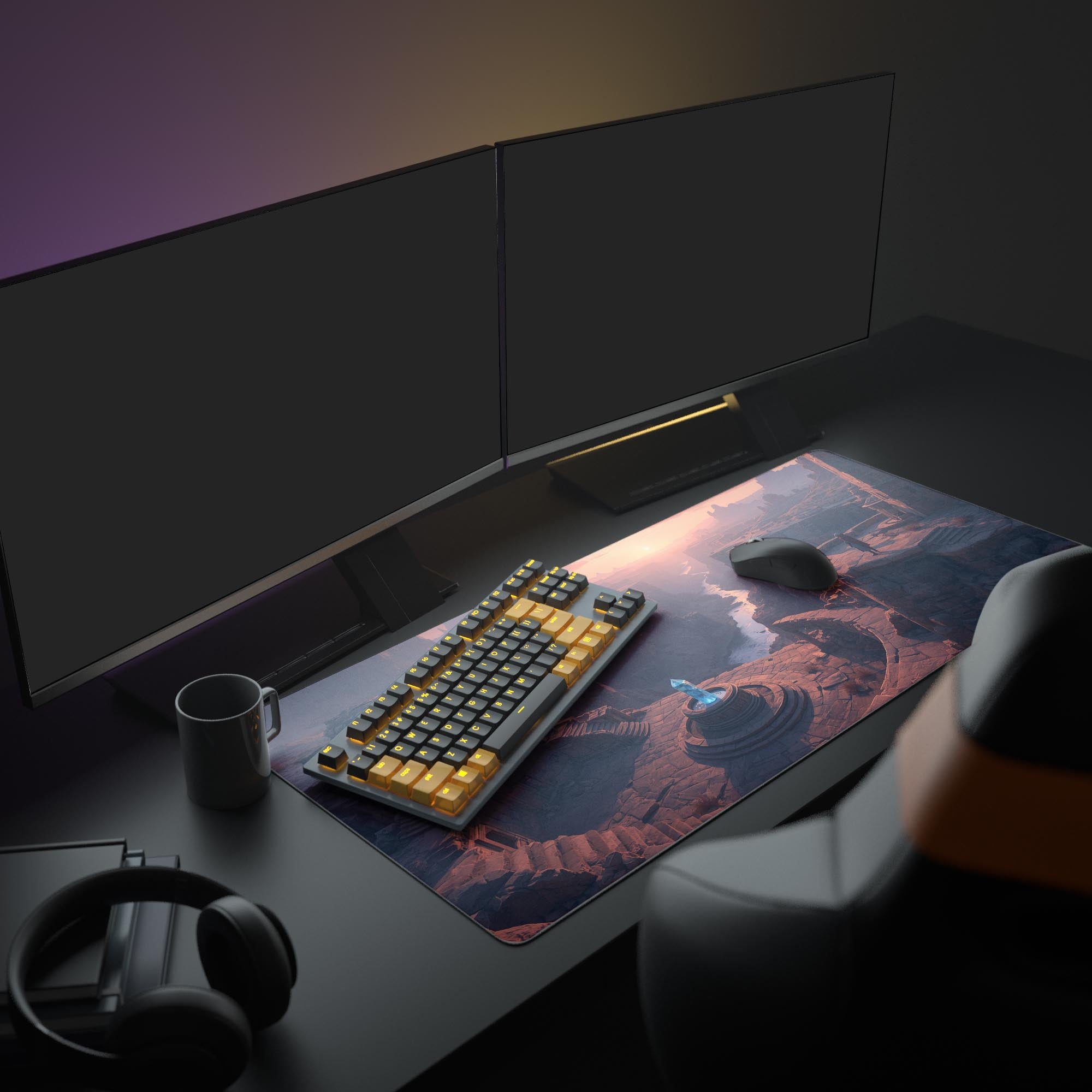 Large Lost Civilization gaming desk mat shown in an aesthetic desk setup with dual monitors and gaming accessories. - Epic Design Pads