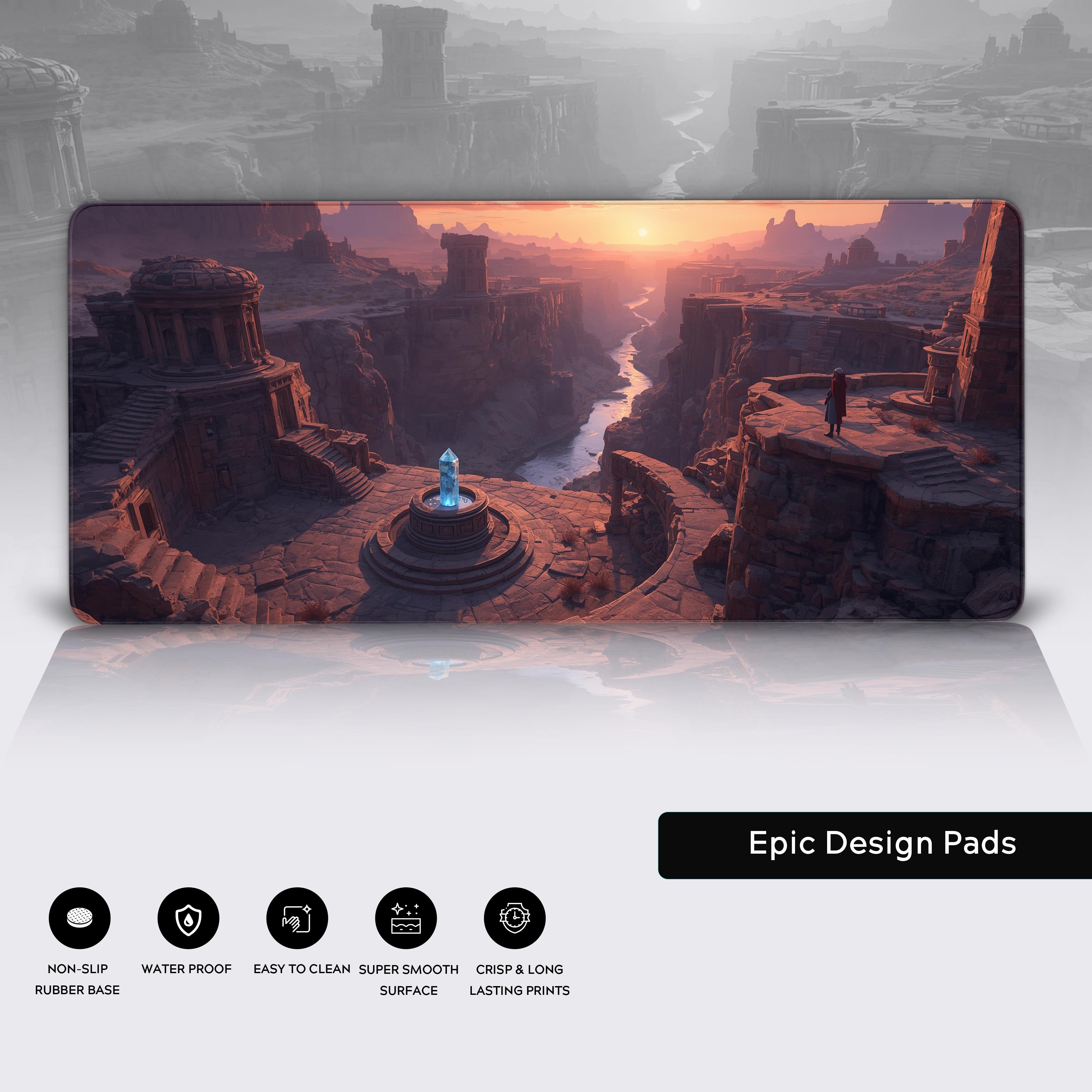 Lost Civilization large mouse pad showcasing its premium stitched edges, non-slip rubber base, and detailed fantasy art print. - Epic Design Pads