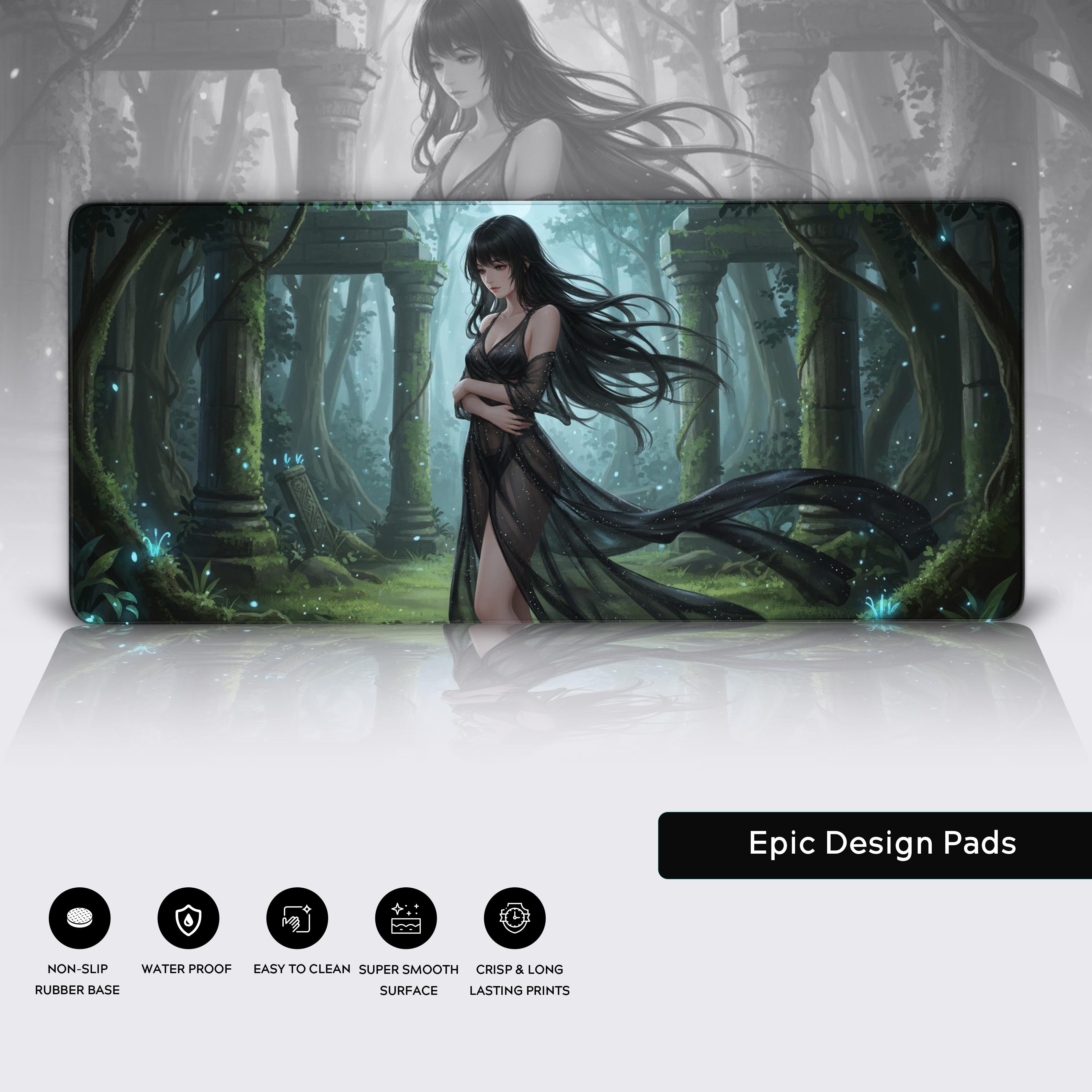 Large 'Lost in Forest' gaming desk mat shown in a dark fantasy gaming setup with a mechanical keyboard, dual monitors, and ambient lighting. - Epic Design Pads