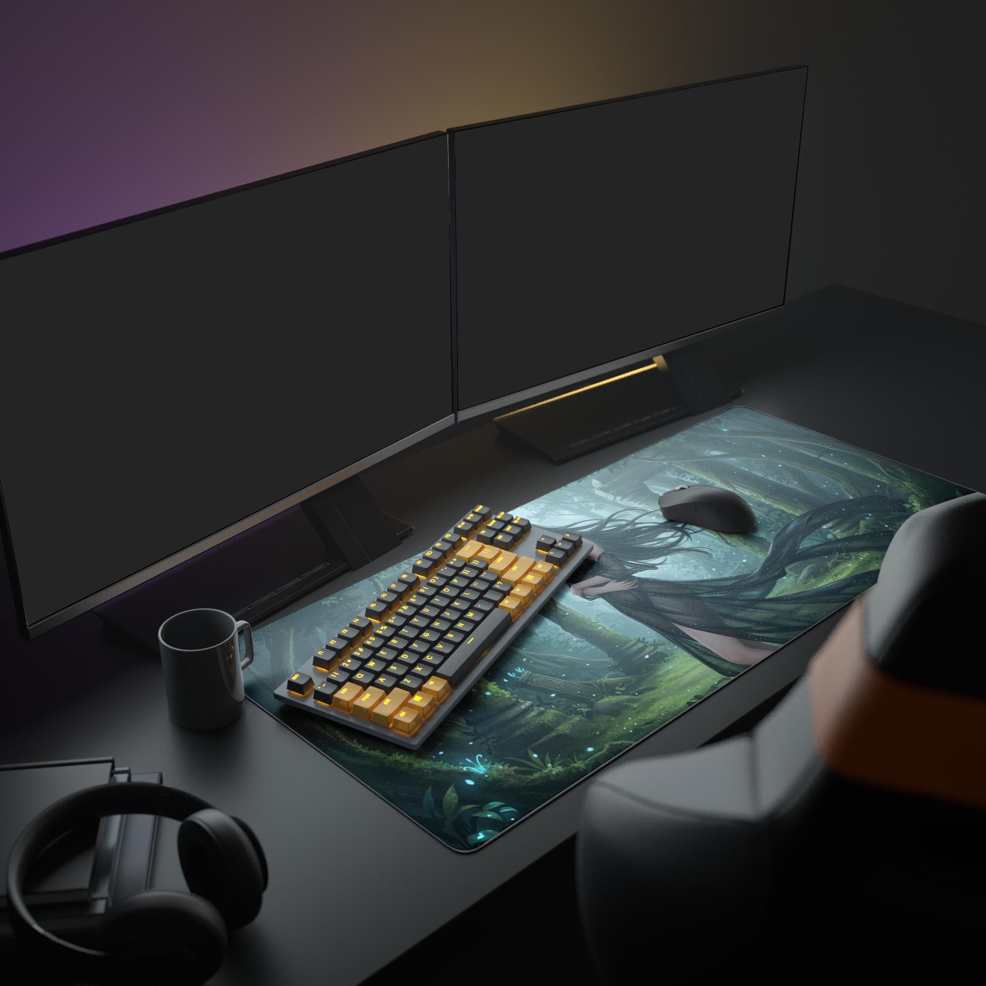 Close-up of the 'Lost in Forest' custom mouse pad highlighting the high-quality stitched edges, waterproof surface, and non-slip rubber base. - Epic Design Pads