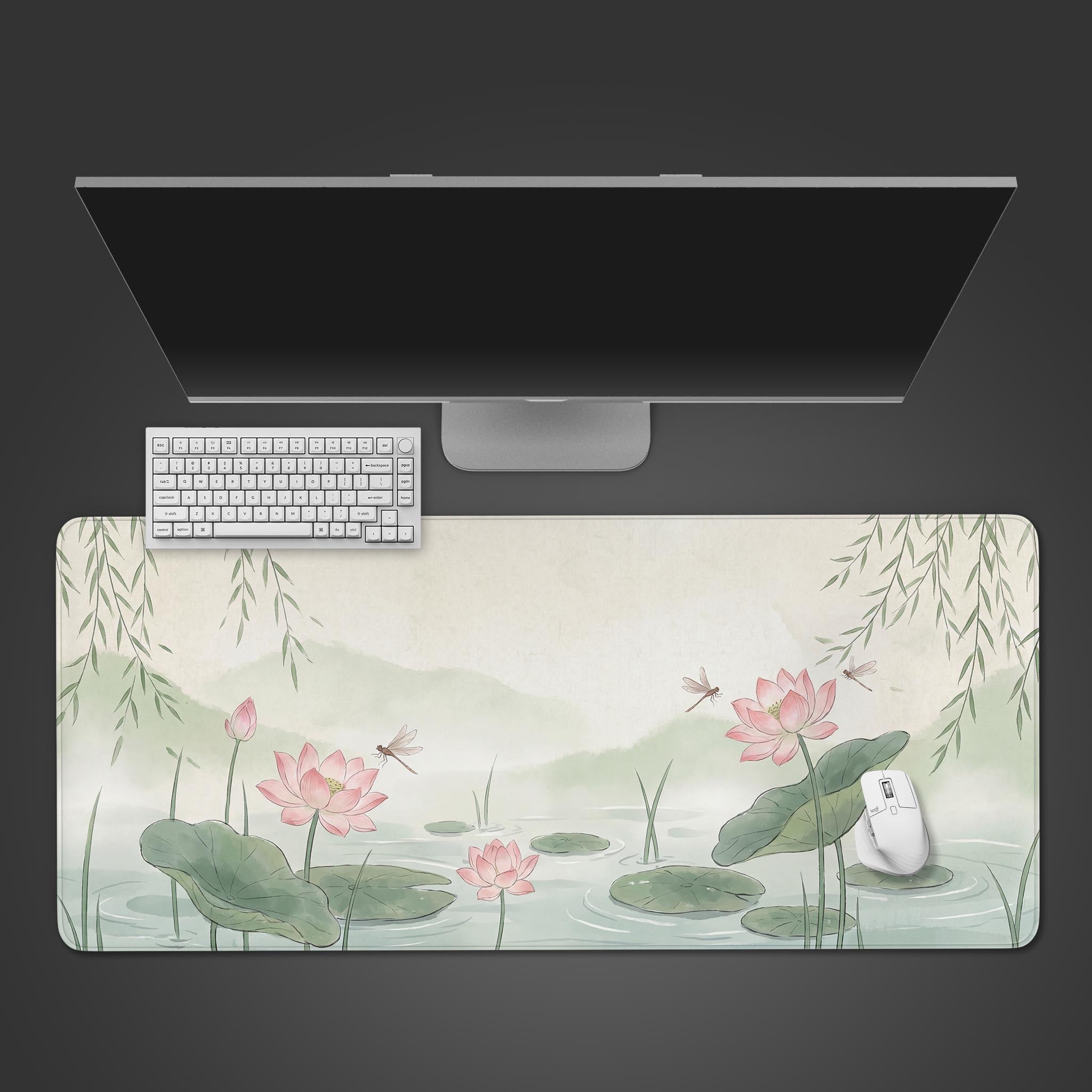 Watercolor Lotus desk mat featuring pink flowers, green lily pads, and dragonflies