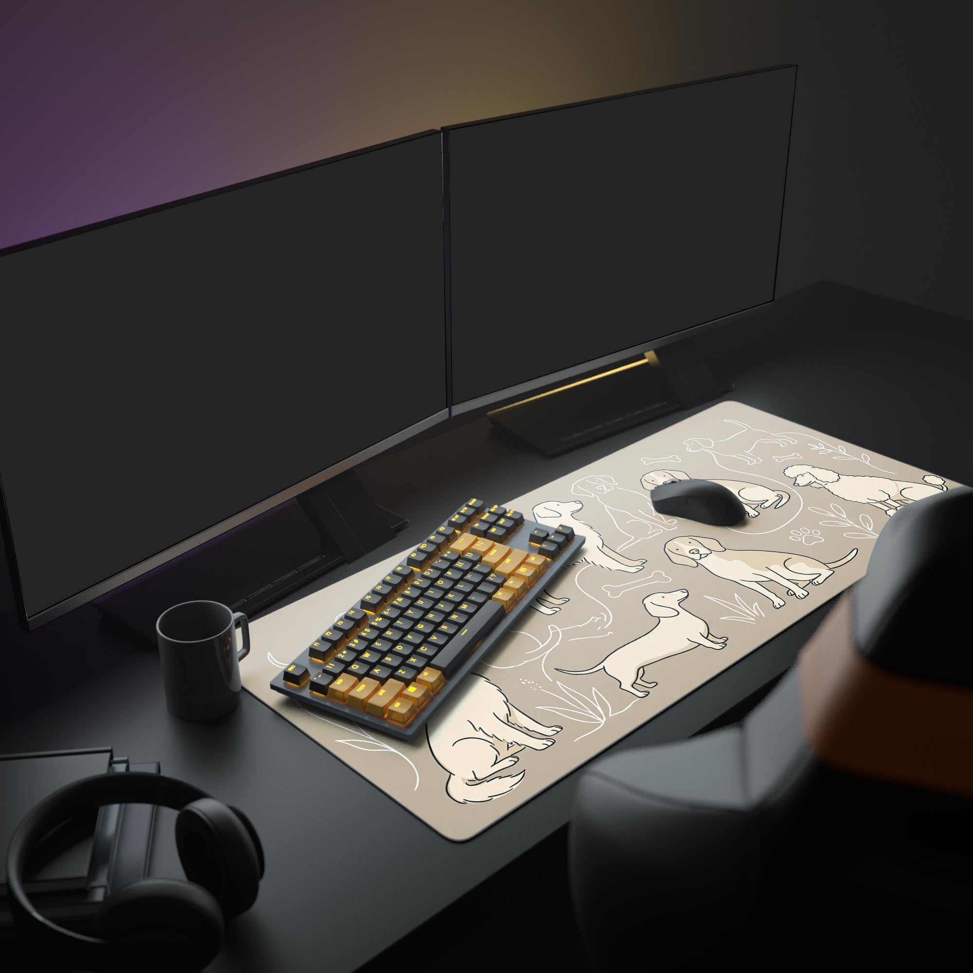 A stylish PC setup featuring the Loyal Companions mouse pad, which displays cute dog illustrations and supports a full gaming keyboard and mouse. - Epic Design Pads & Mousepads