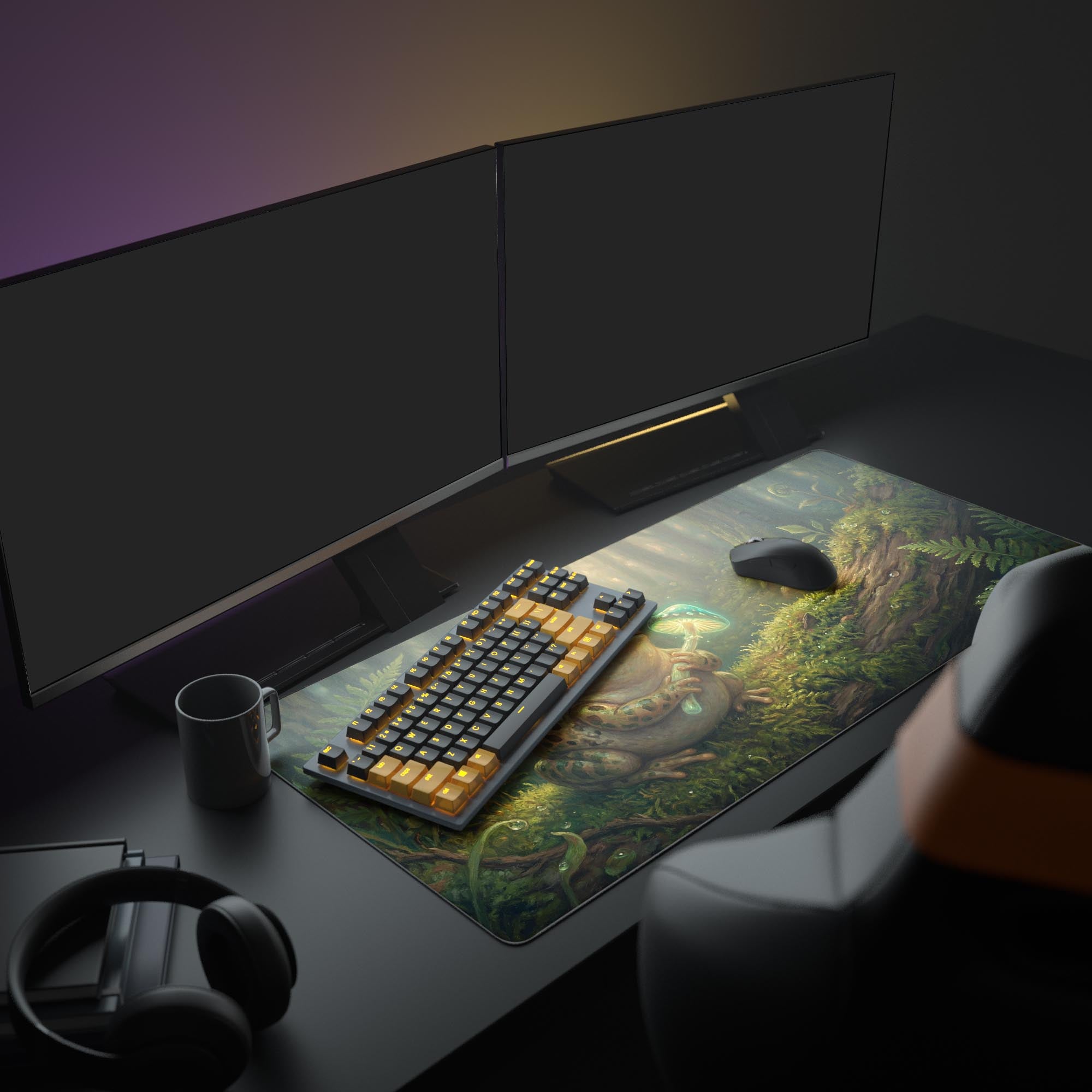 A cozy PC setup featuring the Luminous Warden frog gaming desk mat, enhancing a workspace with multiple monitors and glowing peripherals. - Epic Design Pads & Mousepads