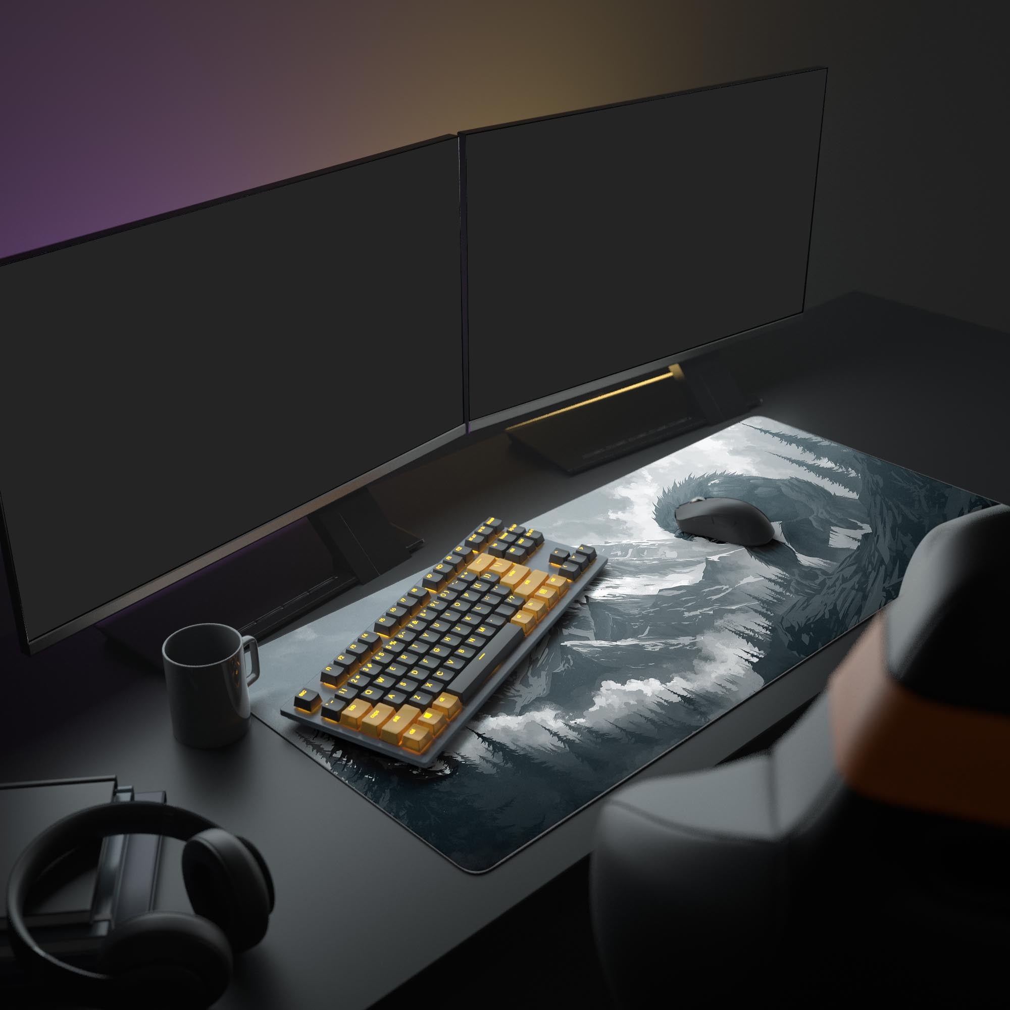 Large desk mat featuring werewolf and mountains – displayed in a creative workspace with dual monitors. - Epic Design Pads