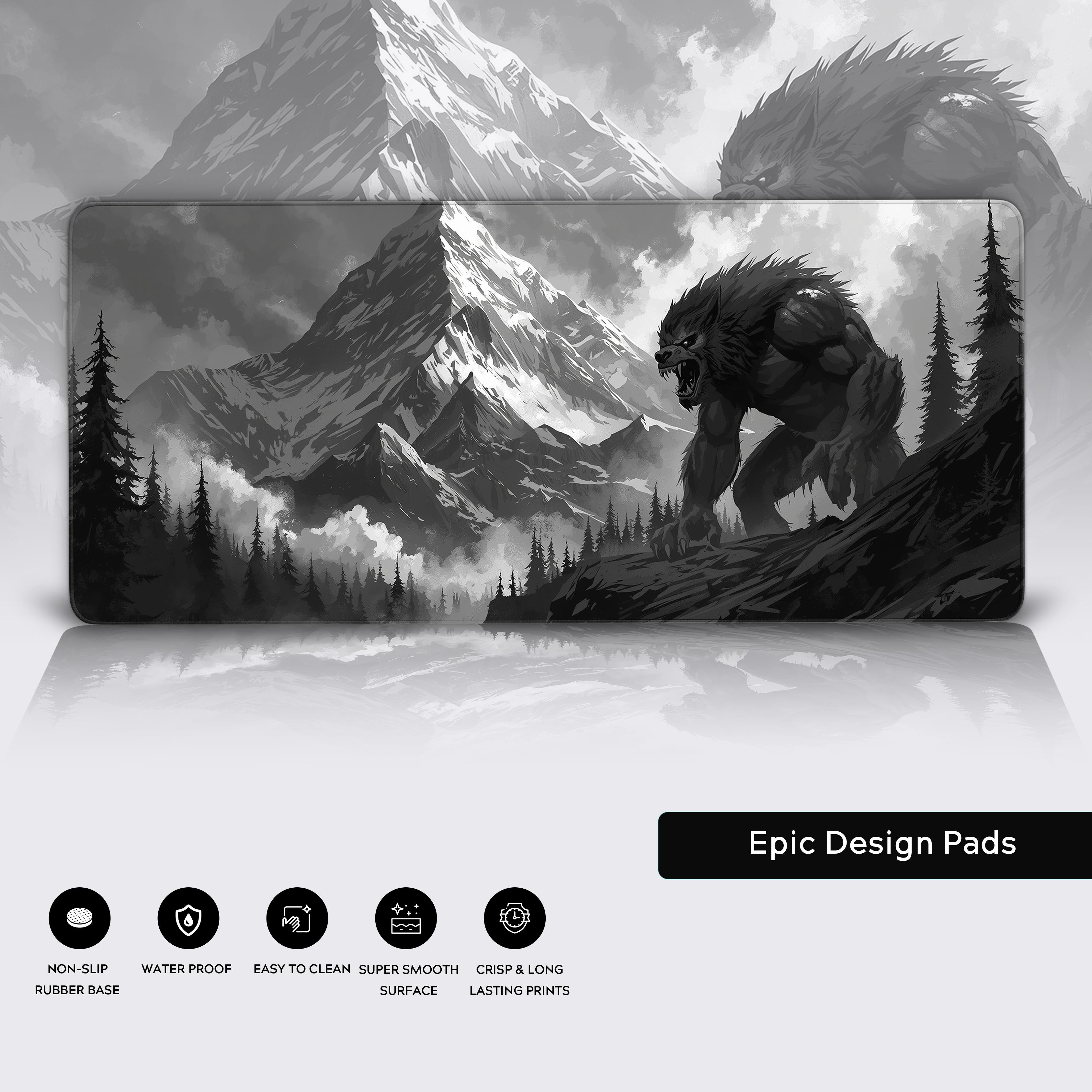 Fierce werewolf desk mat in black-and-white – non-slip pad with durable stitching, ideal for gaming or office use. - Epic Design Pads