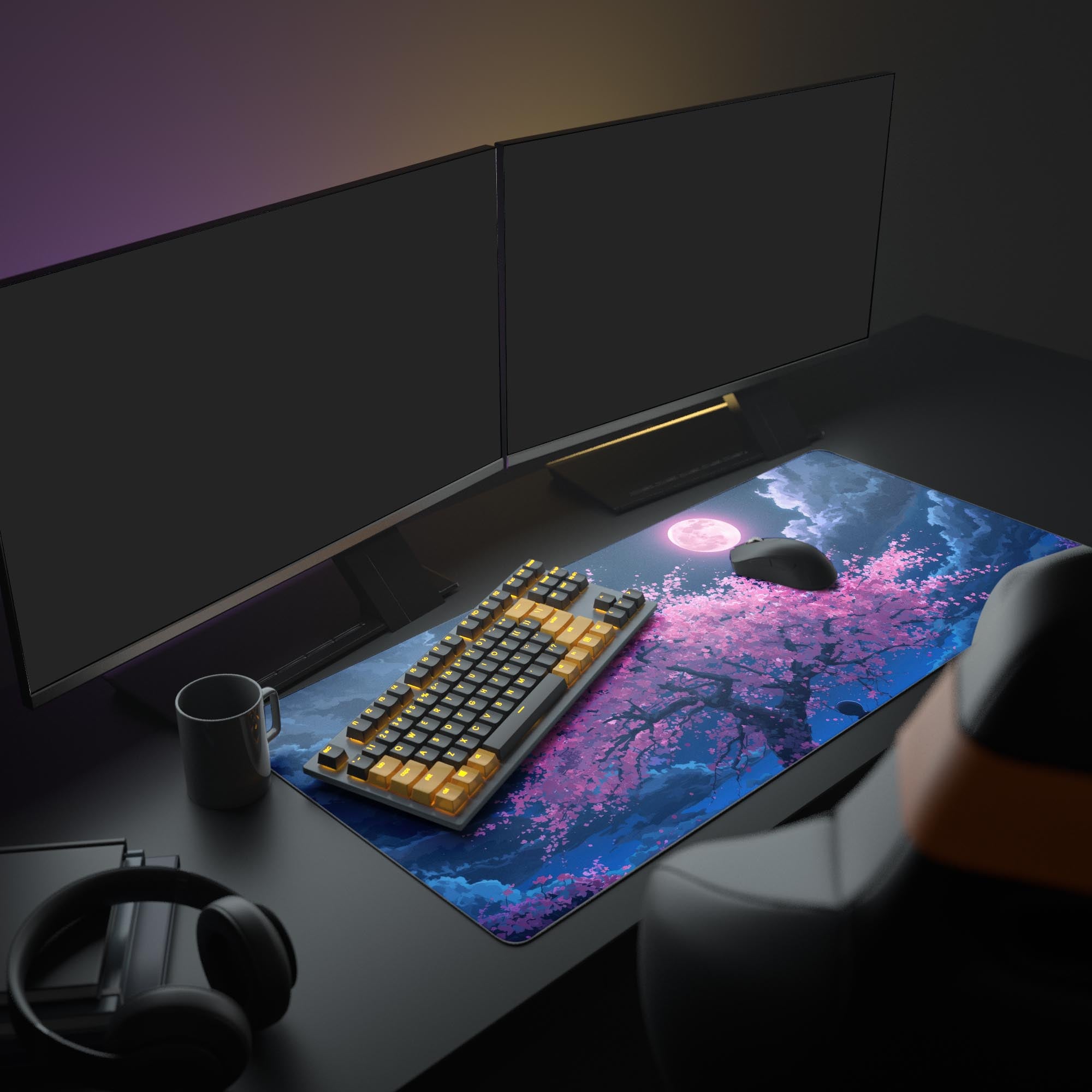 Large Lunar Blossom desk mat shown in an aesthetic desk setup with dual monitors, headphones, and a mechanical keyboard. - Epic Design Pads & Mousepads