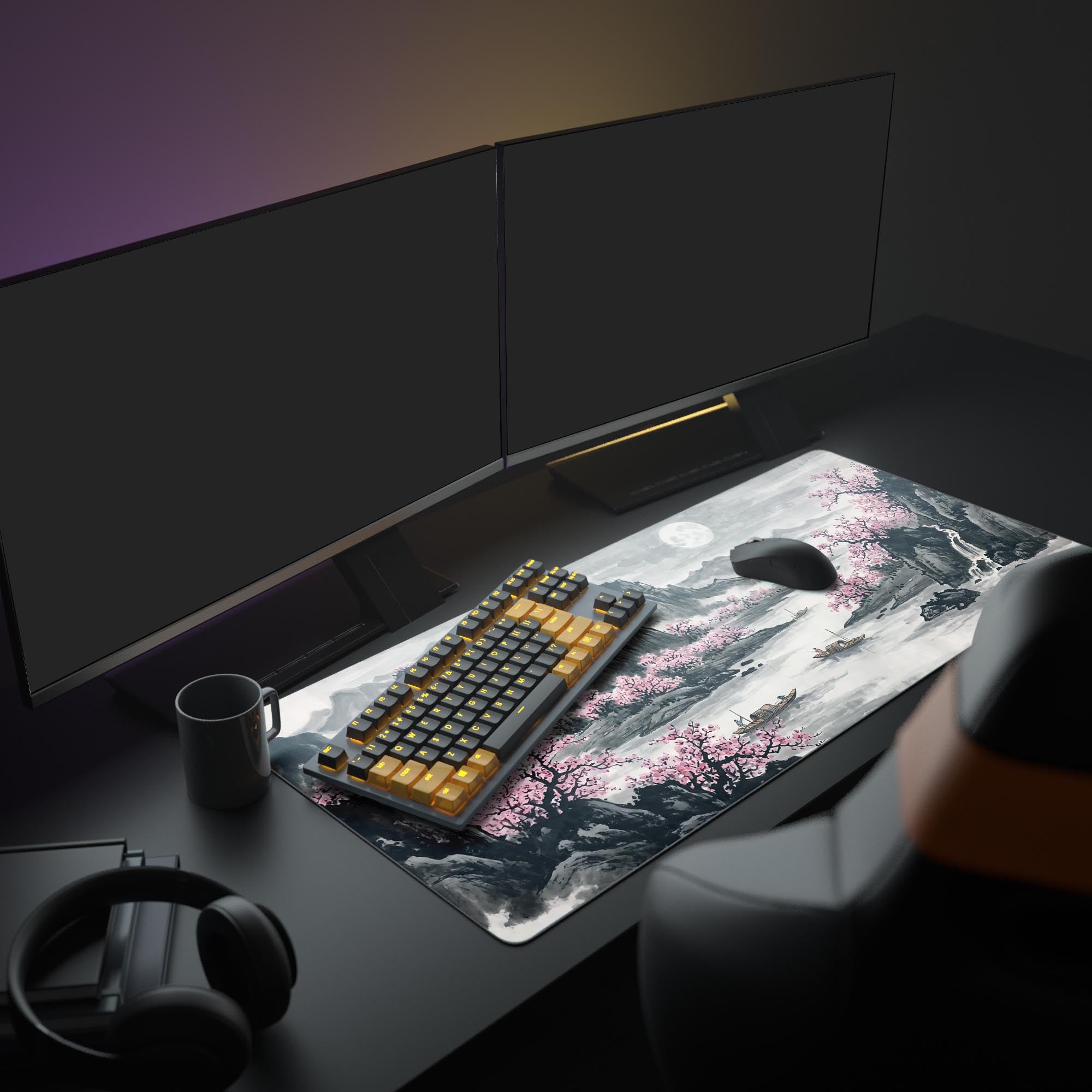 Close-up of the serene river, traditional boats, and a cascading waterfall on the ink wash gaming mouse pad.