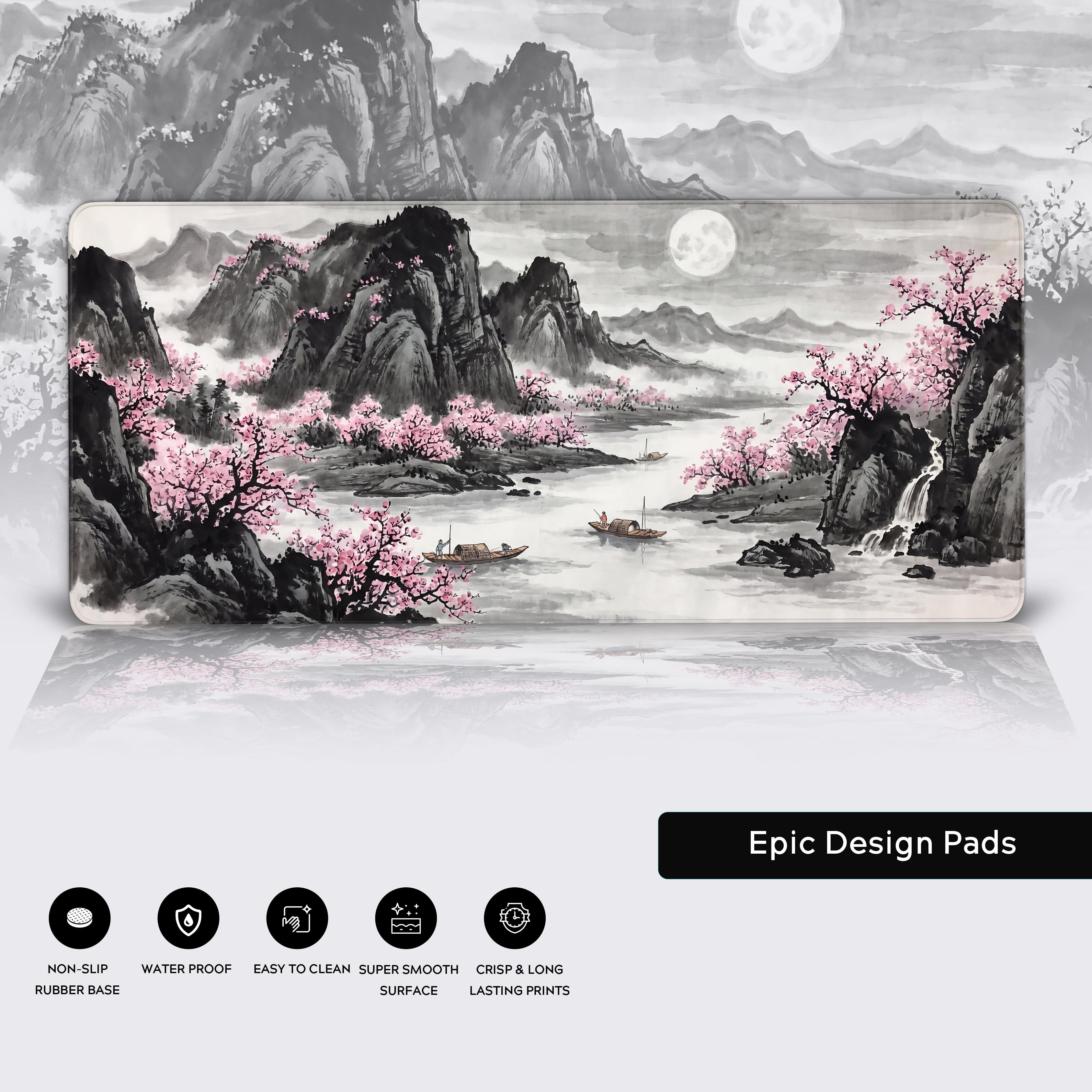 Full view of the Lunar Blossom Valley XL desk mat showcasing the full moon, mist, and epic landscape design alongside product features.