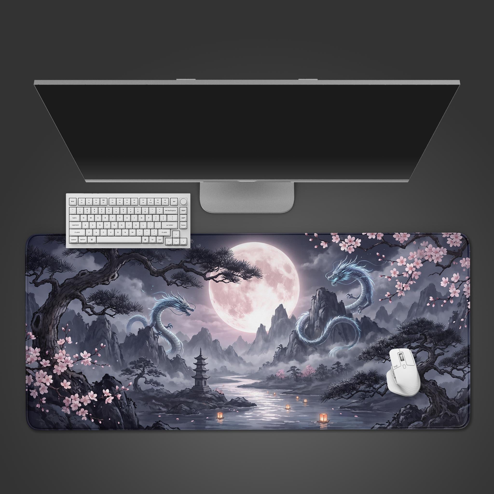 Lunar Dragon fantasy desk mat featuring twin dragons, full moon, and cherry blossoms