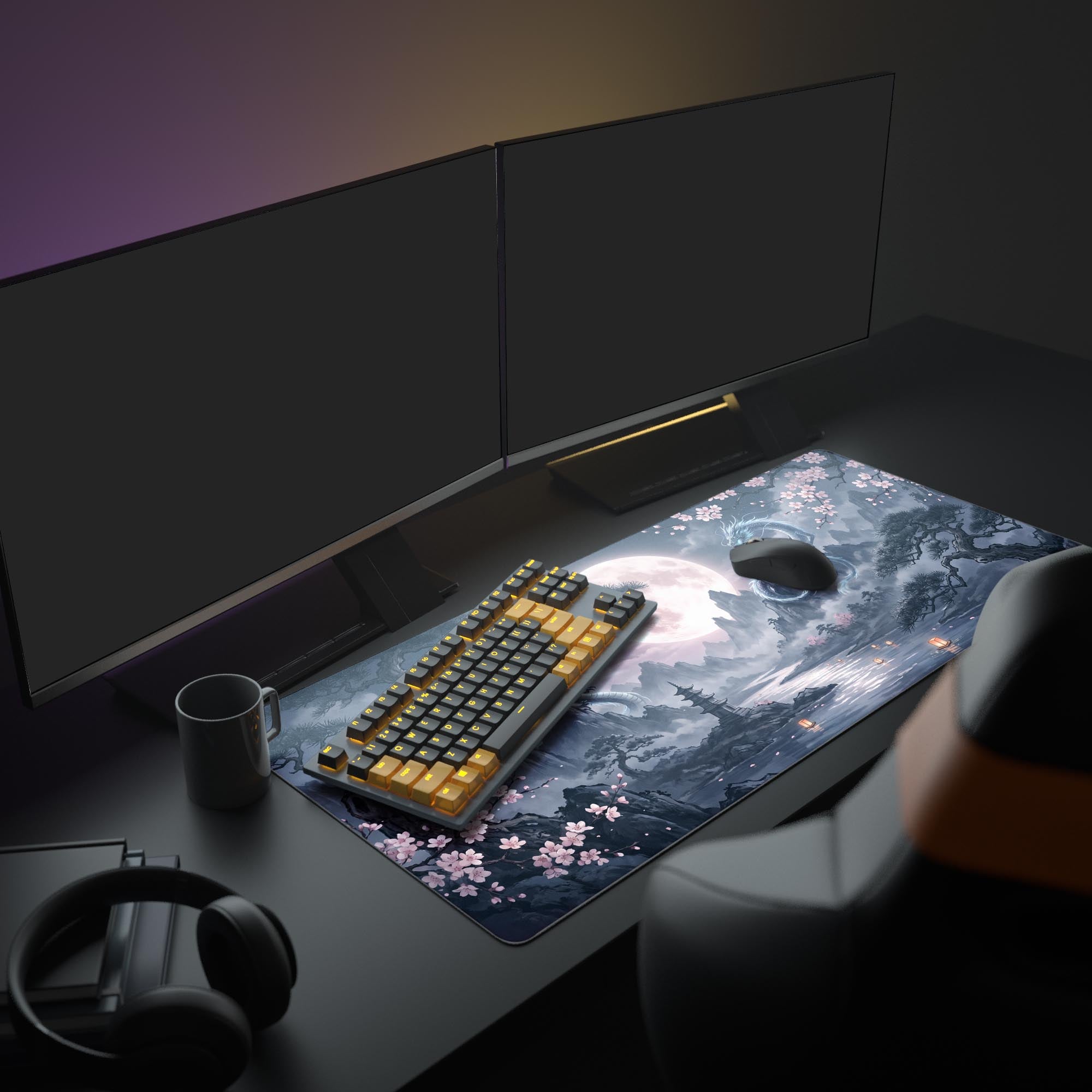 Close-up of Asian fantasy landscape mouse pad with pagoda and floating lanterns