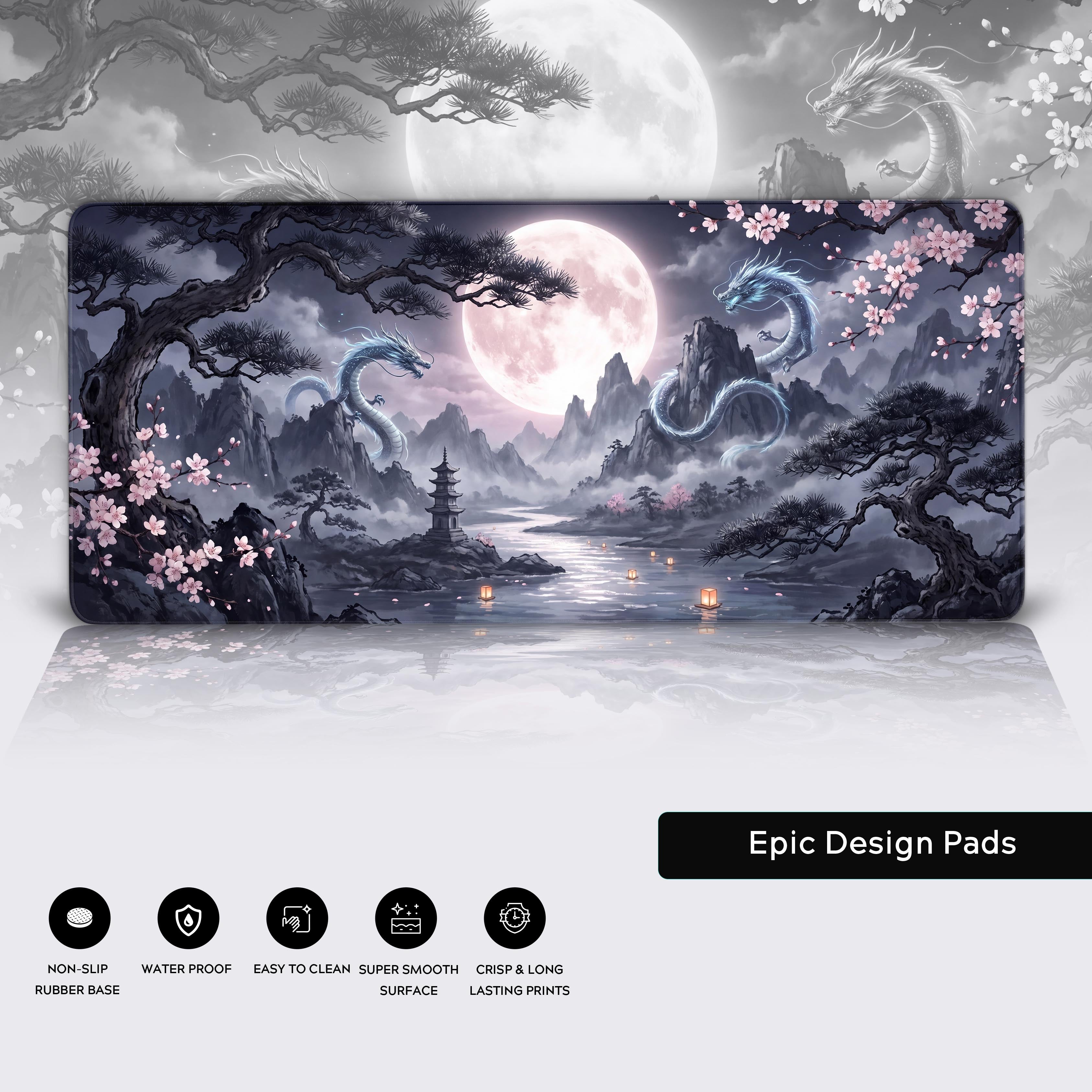 Epic Design Pads premium desk mat showcasing misty mountains and celestial dragons